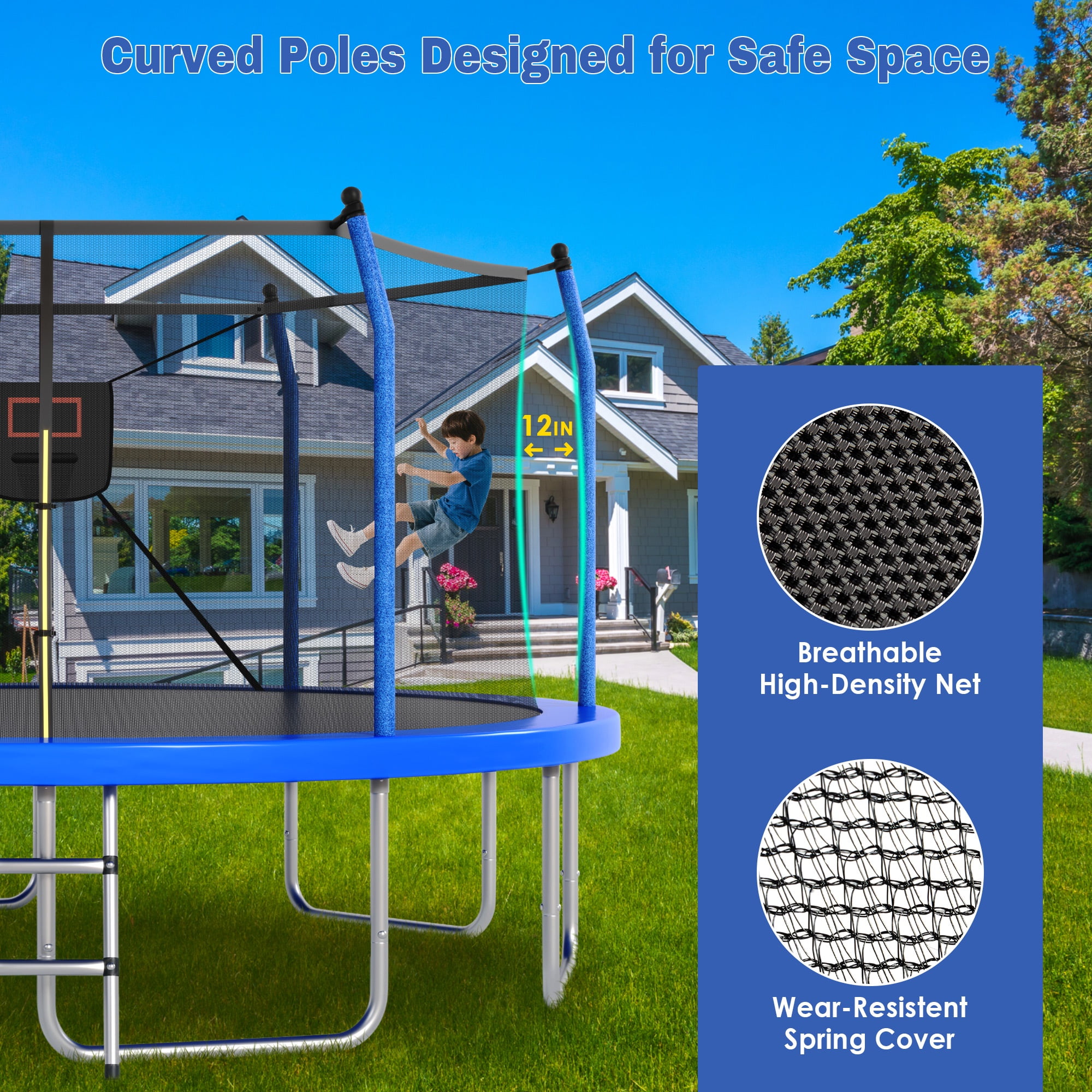 Segmart 14 ft Round Outdoor Trampoline with Enclosure, Basketball Hoop, and Ladder (Blue, 14 ft) ufxpn