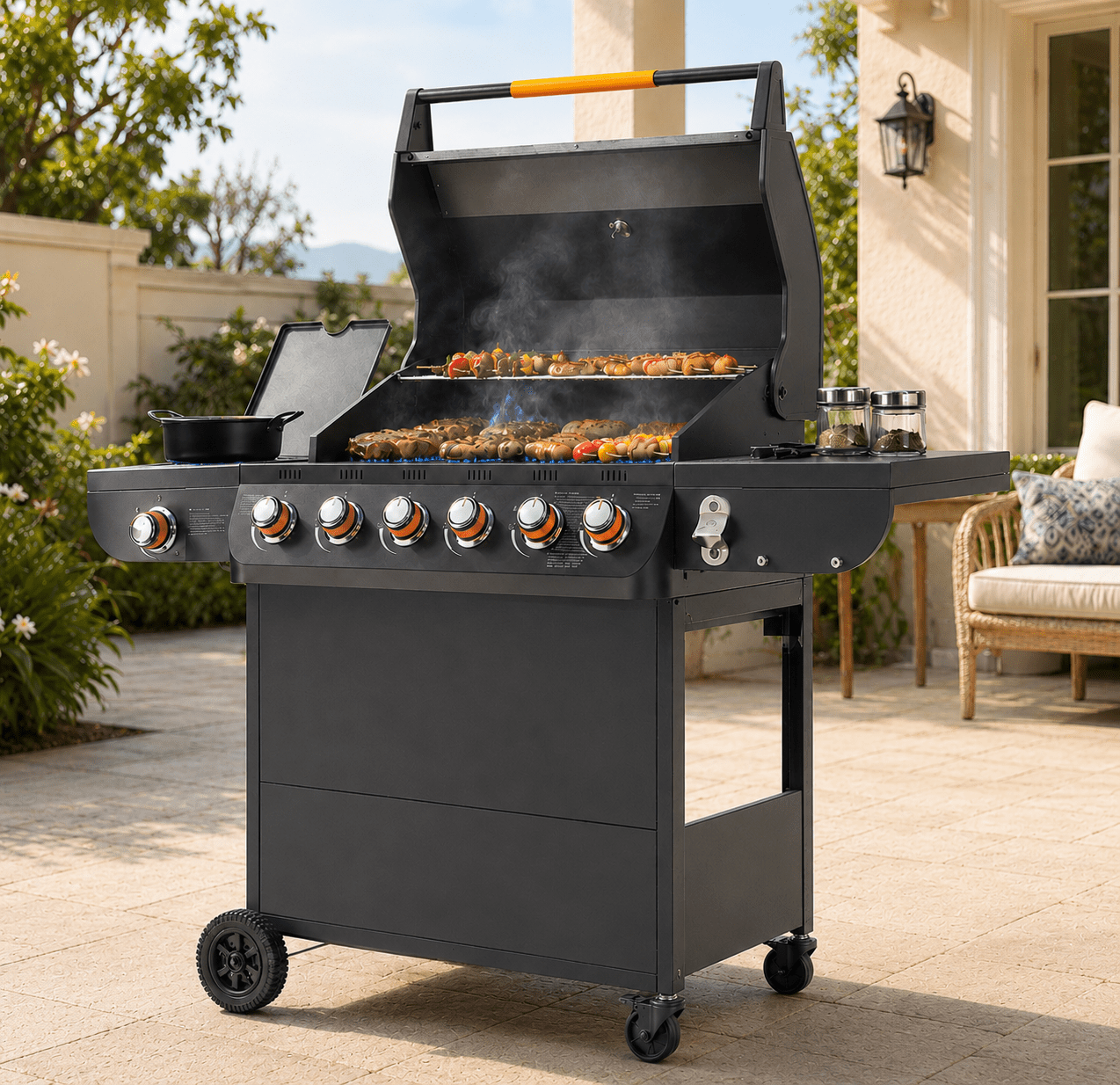 Seizeen 4 Burner Propane Gas Grill with Side Burner, Outdoor Stainless Steel BBQ Grill (Black, 46790 BTU) eavsv