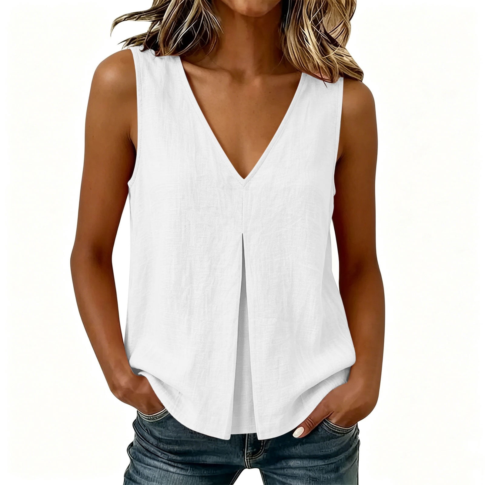 Noric Women's Cotton Tank Top Sleeveless V-Neck Summer Casual Flowy Blouse (White, Medium) dcs54