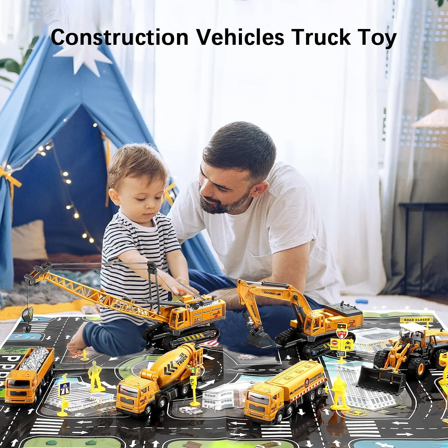 JoyStone Construction Vehicle Playset with Playmat and Movable Parts (Yellow, 1 Set) qij64
