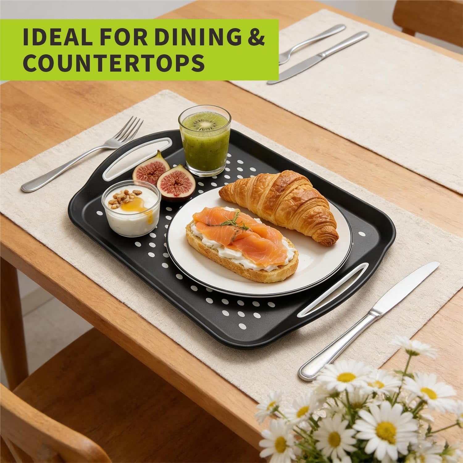 LYLHZRMDGC Non-Slip Serving Tray with Handles, Rubber Gripped Lap Food Tray for Eating, Dishwasher Safe (Black, 15.7 in x 11.2 in x 2 in) c9xwc