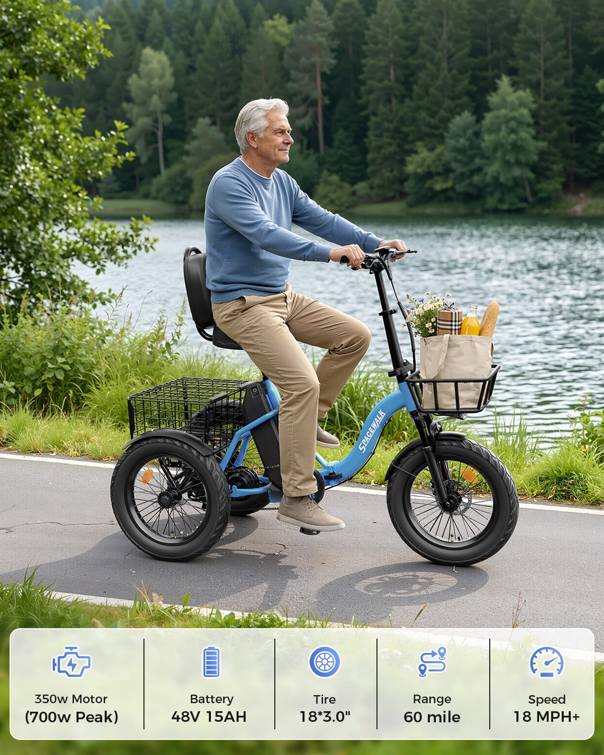 EILLEO SPACEWALK Adult 3-Wheel Electric Tricycle, 700W Motor, 60-Mile Range, Fat Tire E-Trike (Blue, 18 in) wbxcy