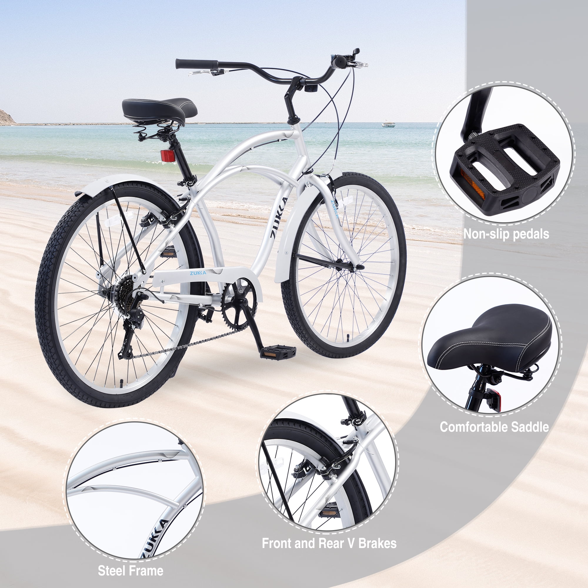 TheEshow Men's Beach Cruiser Bike, 7-Speed Commuter Bicycle, Durable Steel Frame (Silver, 26 in) hagv7