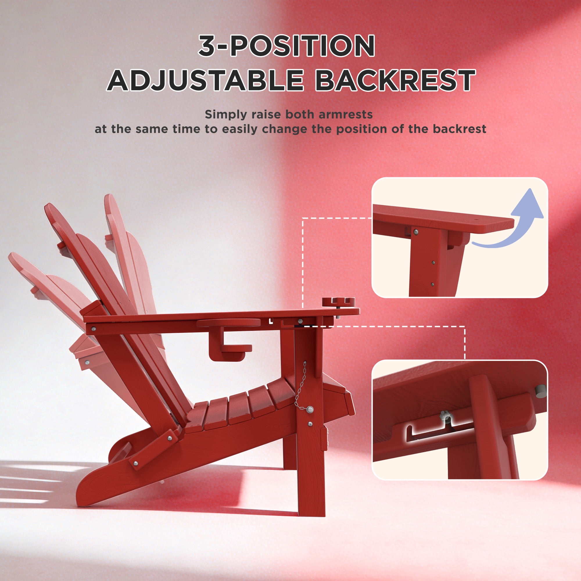 Tappio Folding Adirondack Chair All-Weather HDPE Outdoor Patio Chair with 3-Position Adjustable Backrest and Device Holder (Red) ttu2p