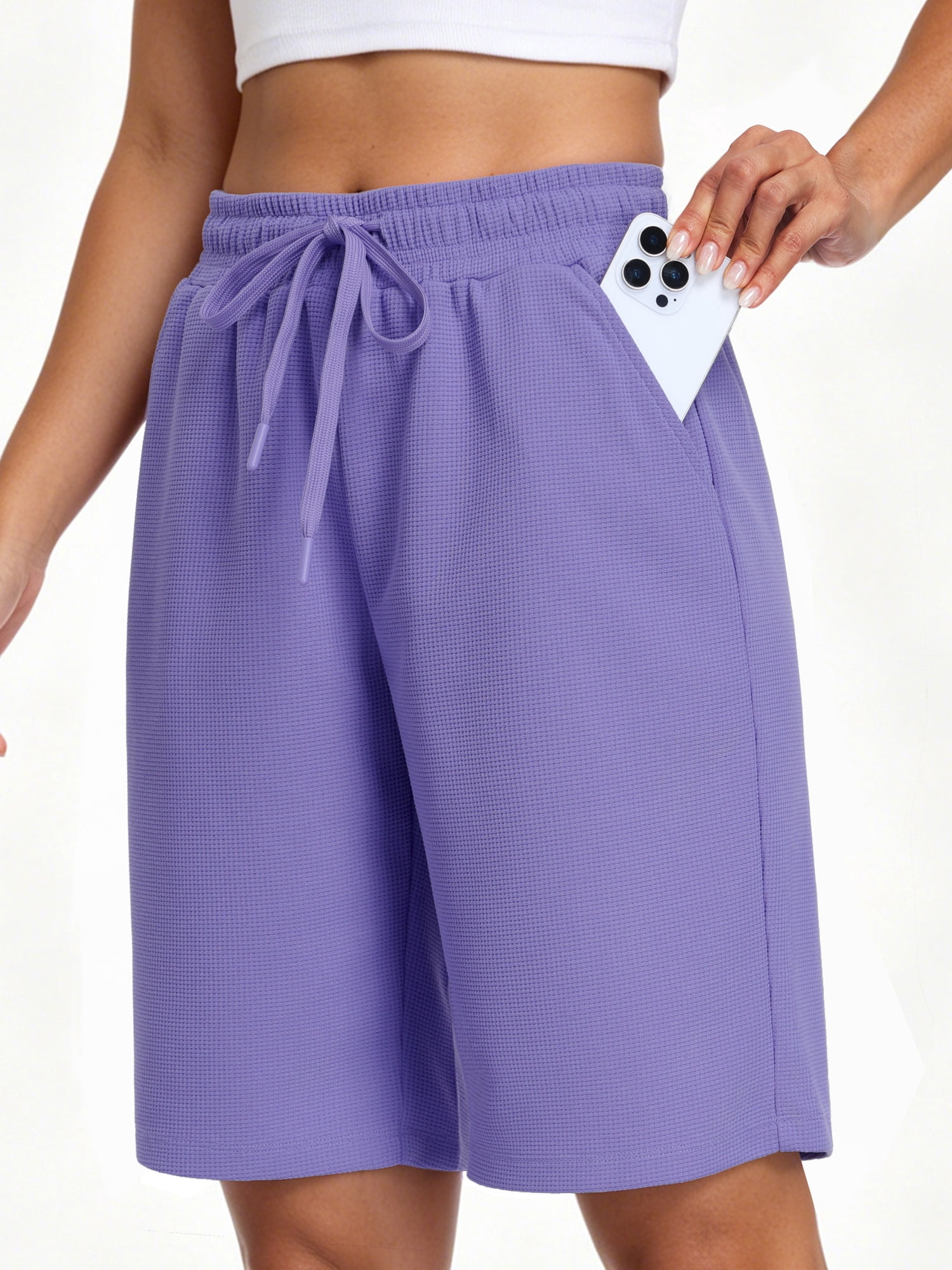 NELEUS Women's Waffle Knit Bermuda Shorts High Waisted Athletic Lounge Shorts with Pockets (Purple, Large) 7rg2r