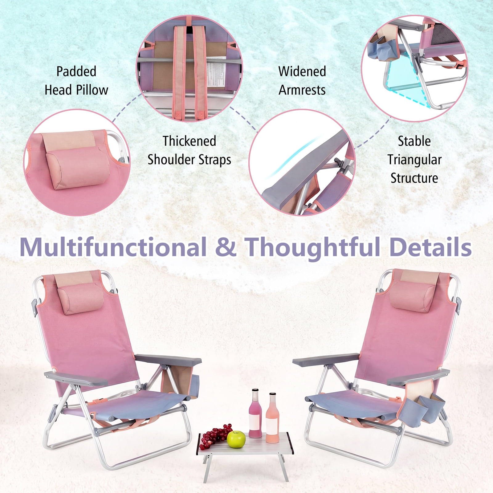 Gymax 3-Piece Outdoor Camping Set, 2 Folding Beach Chairs & Portable Aluminum Side Table, 5-Level Adjustable Backrest (Pink) mruq7