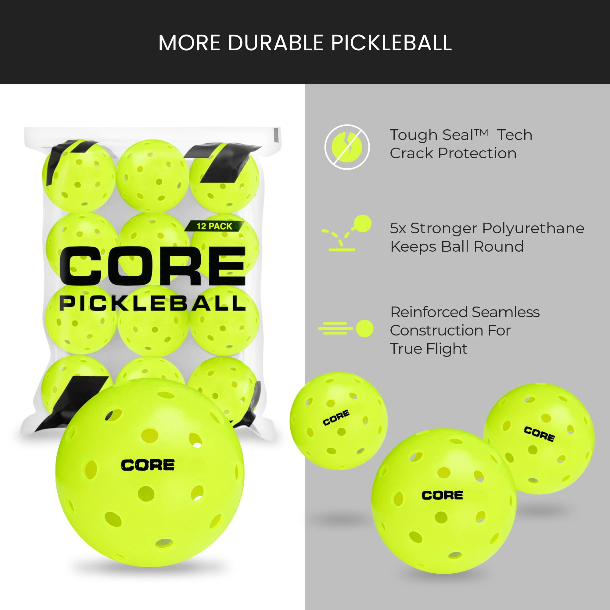 CORE Pickleball USA Outdoor Pickleball Balls, USAPA Approved 40-Hole Tournament Balls (Neon Green, 12 Pack) irxlu