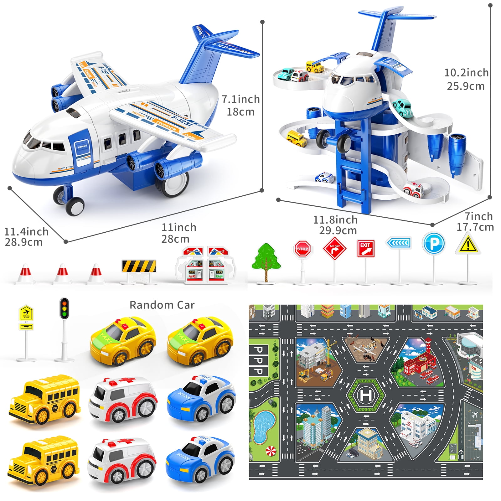 Lucky Doug Airplane Toy Set with Track and 8 Mini Cars (Blue, 1 Set) 3z9s0
