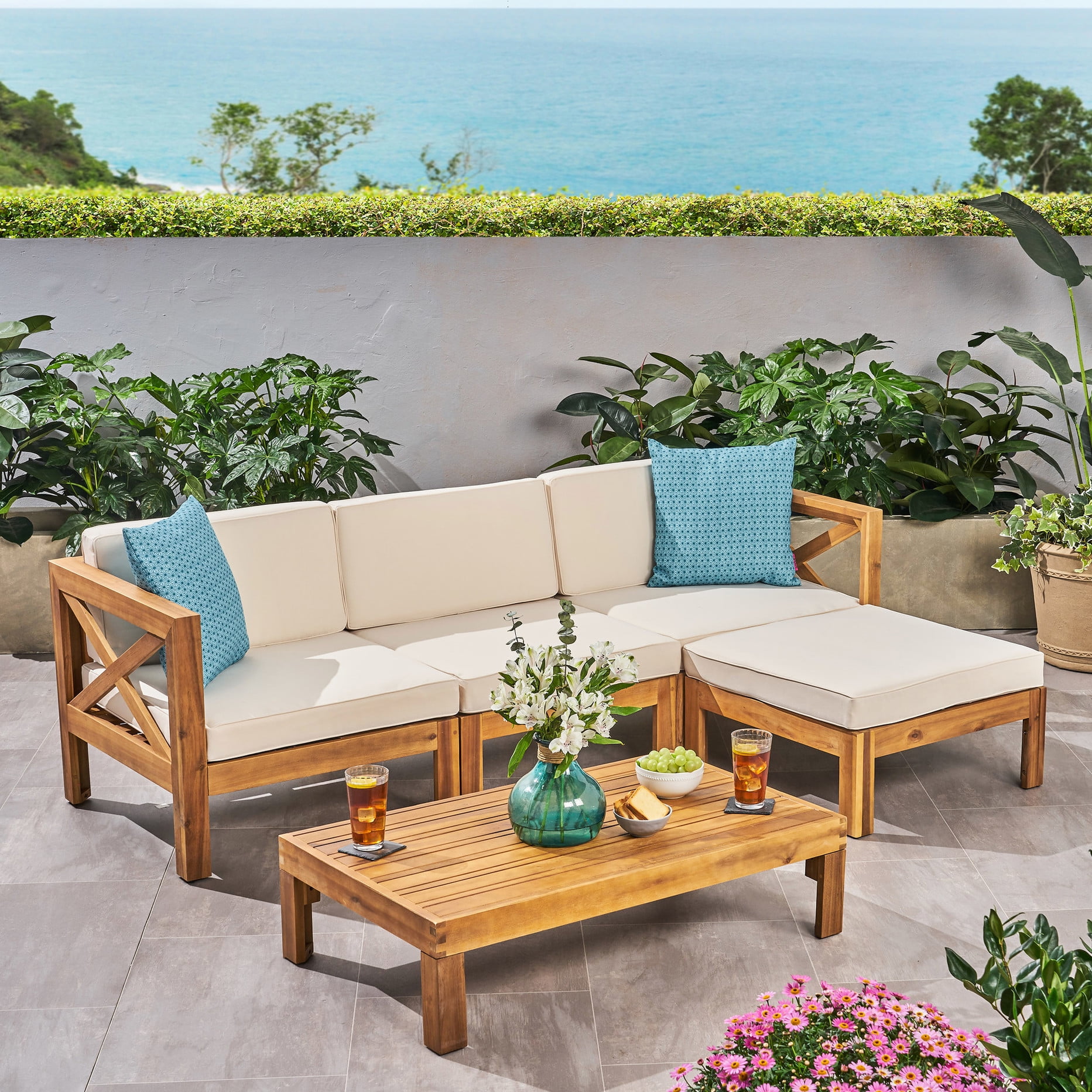 BalconyBliss L-Shape Outdoor Sofa and Coffee Table Set (Beige, 3-Seater) rugut