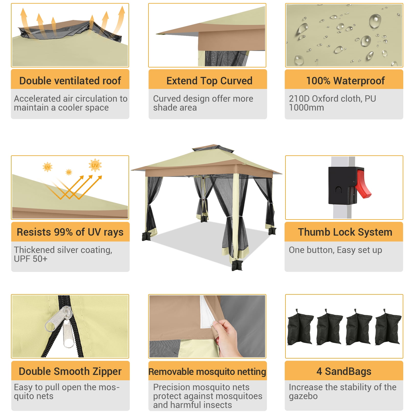 SANOPY Outdoor Pop-up Gazebo with Mosquito Netting and Sandbags (Light Brown, 12x12 ft) 63tns