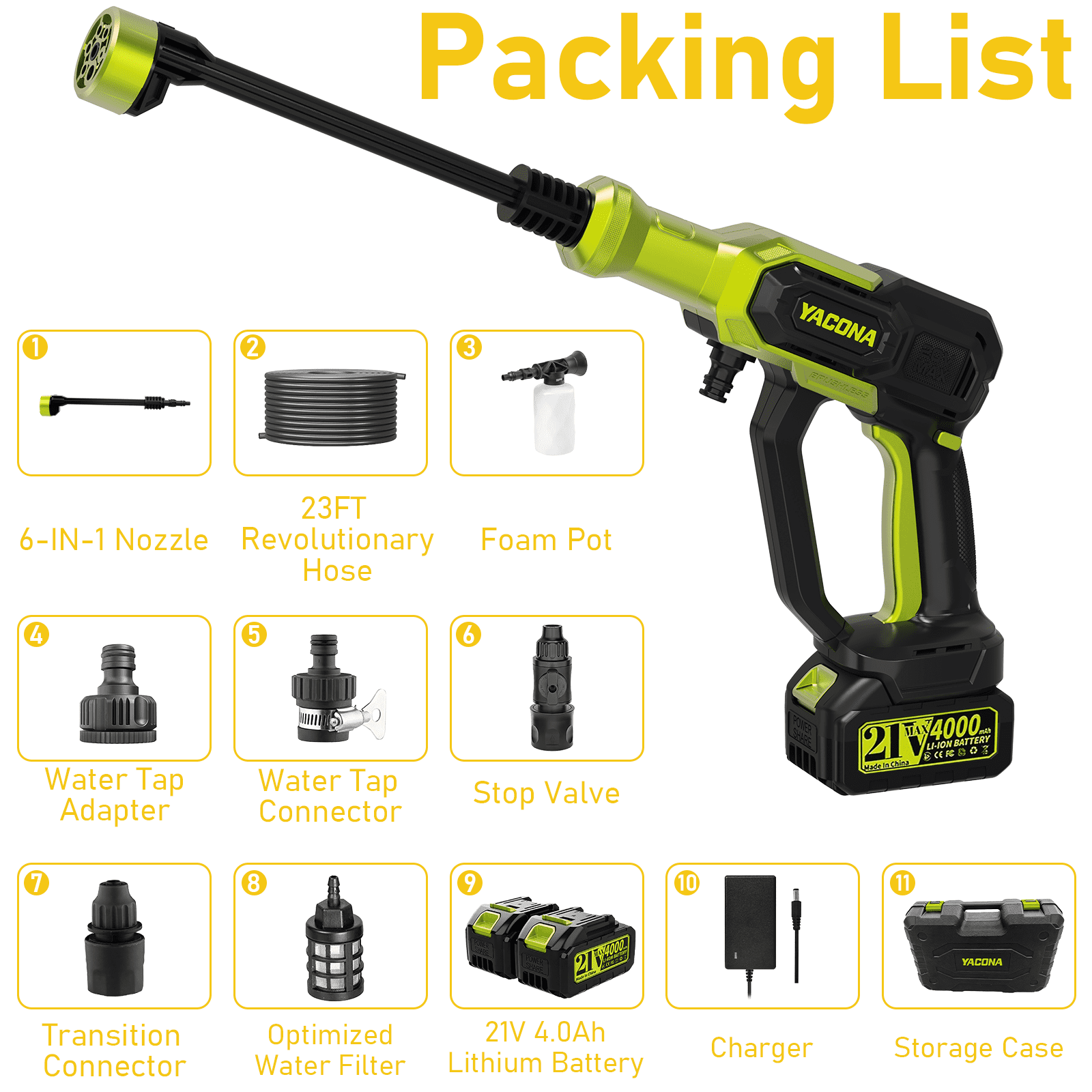 Yacona Cordless Pressure Washer, Portable Electric Power Cleaner with 6-in-1 Nozzle and Dual Battery System (Green, 23 ft Hose) g7w54