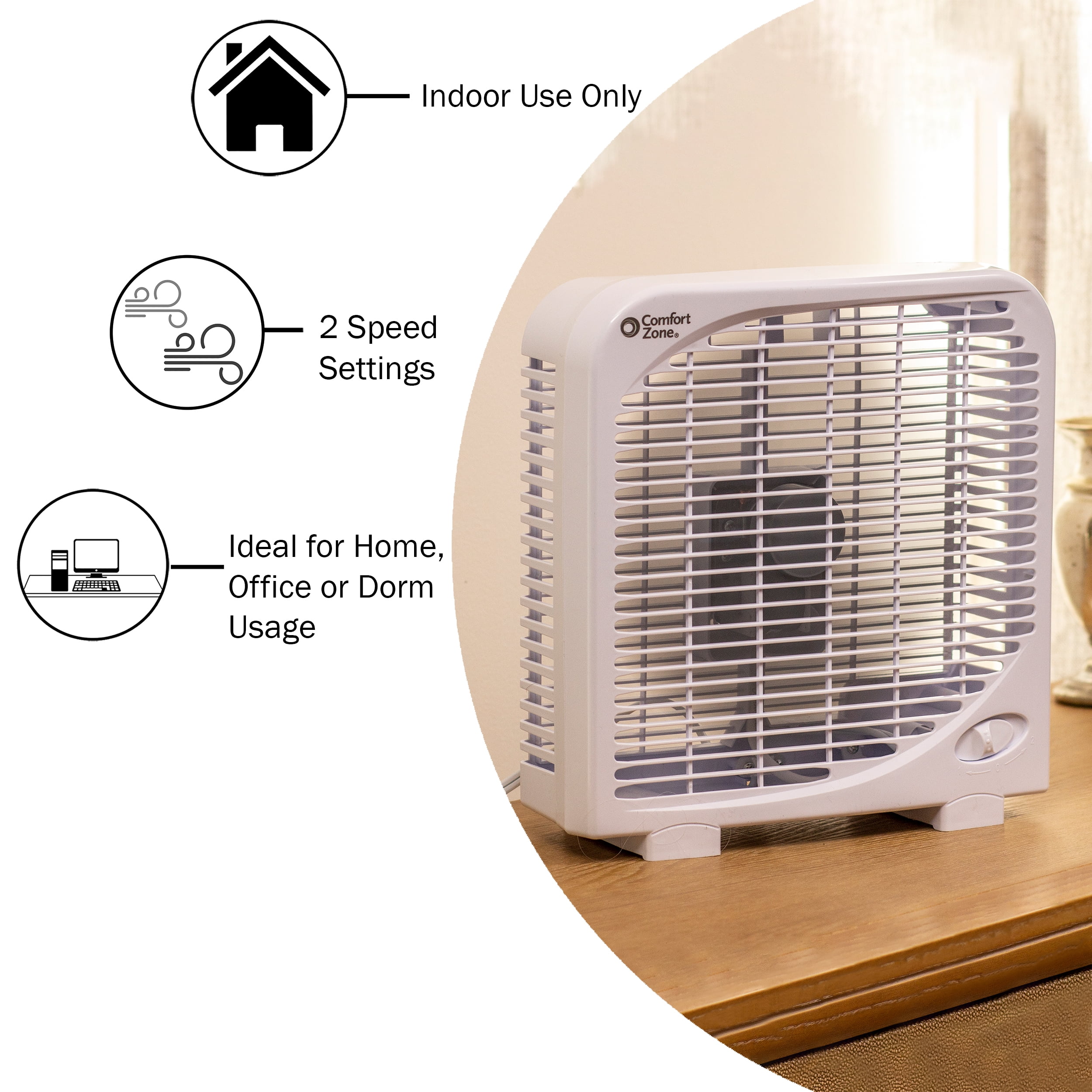 Comfort Zone 9 in Portable Box Fan, Quiet Personal Cooling (White, 9 in) ga9cr