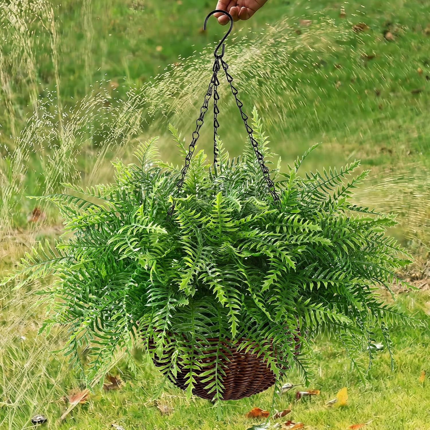 Yastouay Artificial Hanging Boston Ferns with Baskets, UV-Resistant Faux Plants for Indoor and Outdoor Home Porch Decor (Green, 2 Pcs, 17 in) xziwy