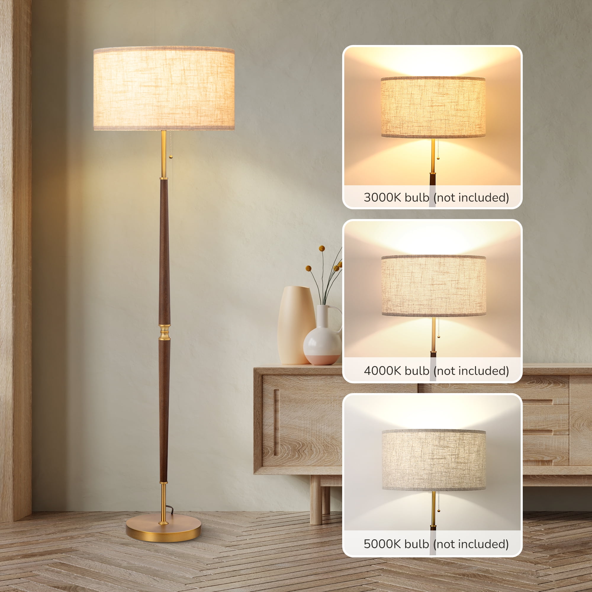 EDISHINE Vintage Floor Lamp for Living Room, Mid-Century Modern Standing Light with Chain Switch (Gold, 62 in) 4fxcu