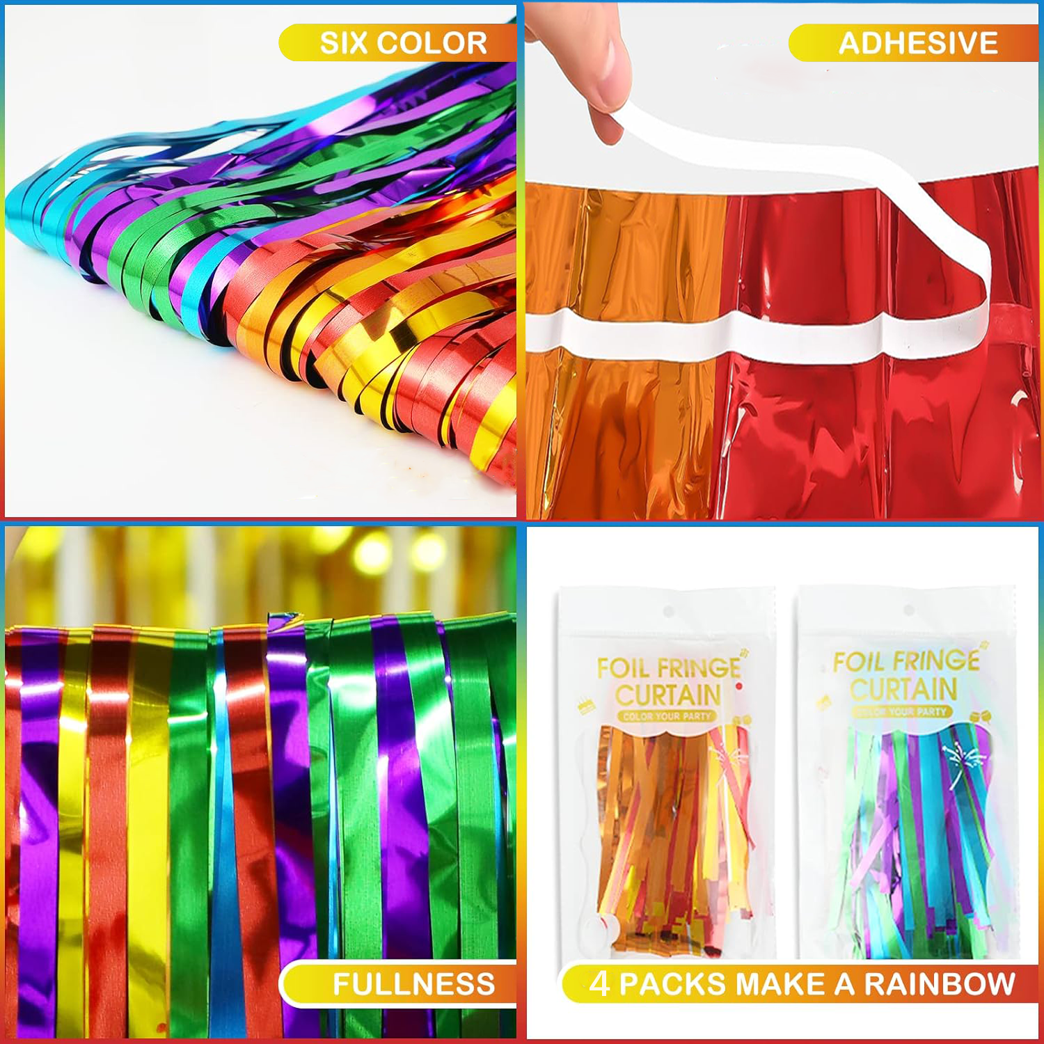 Fbasport Rainbow Foil Fringe Curtains Backdrop (Metallic Tinsel Streamers, 4 Pack, 3.3 ft x 6.6 ft) t1409