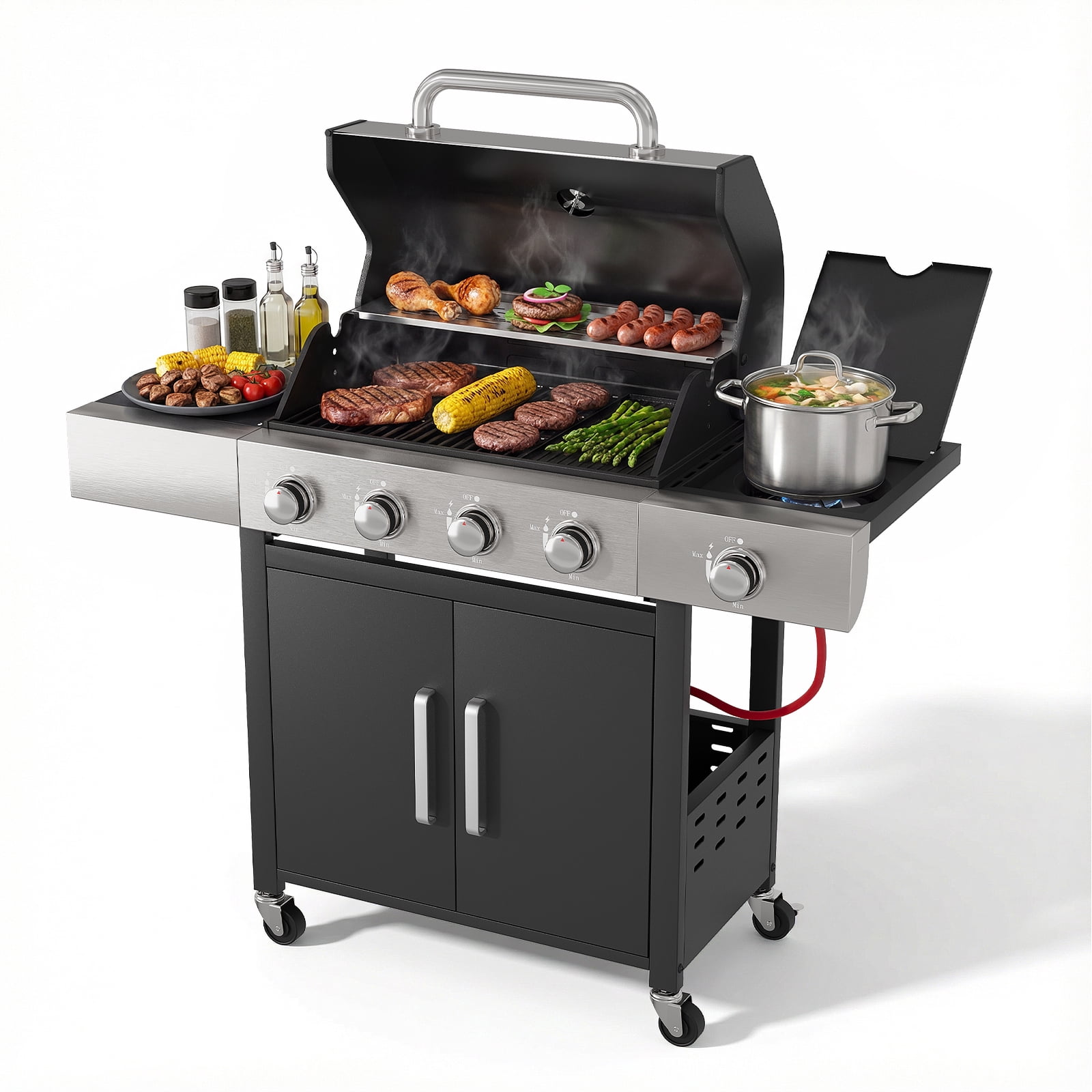 Opohoro 4-Burner Propane Gas Grill with Side Burner (465 Sq. In. Cooking Area, Black) 58n4x