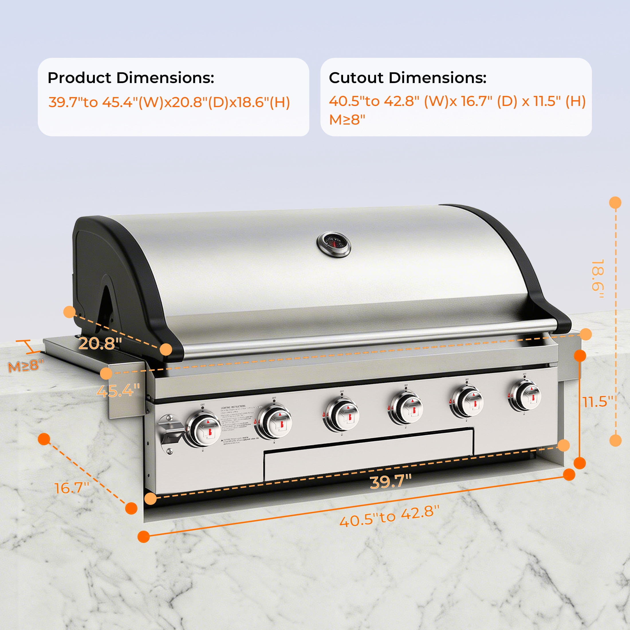 Flintex 6-Burner Built-In Gas Grill, Outdoor Kitchen BBQ Head with 859.8 sq in Cooking Area (Stainless Steel, 60,000 BTU) yyrio