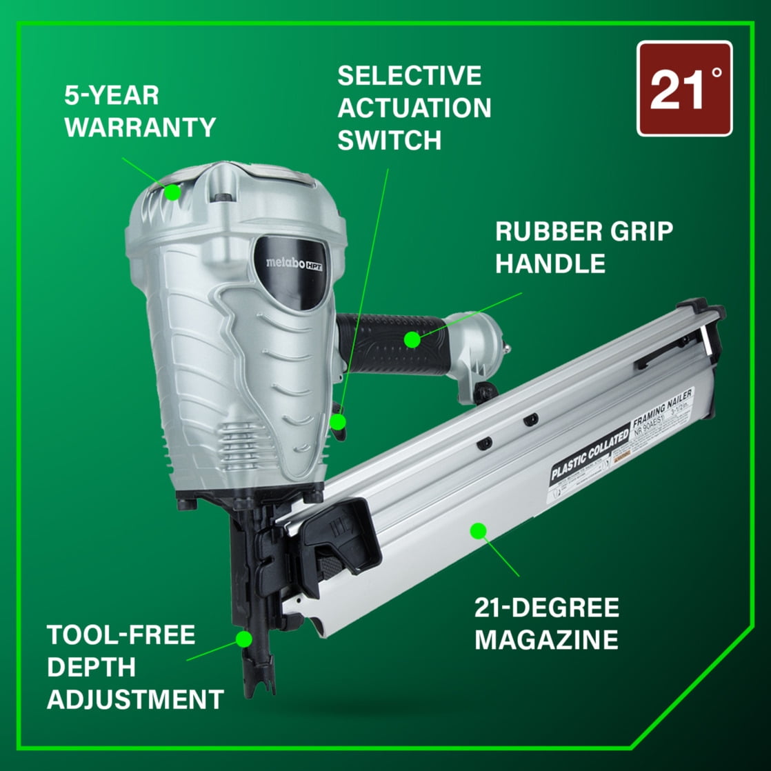 Metabo HPT Pneumatic Framing Nailer (21-Degree, 7.5 lb, 2 in to 3.5 in Fastener Capacity) 3e7mv