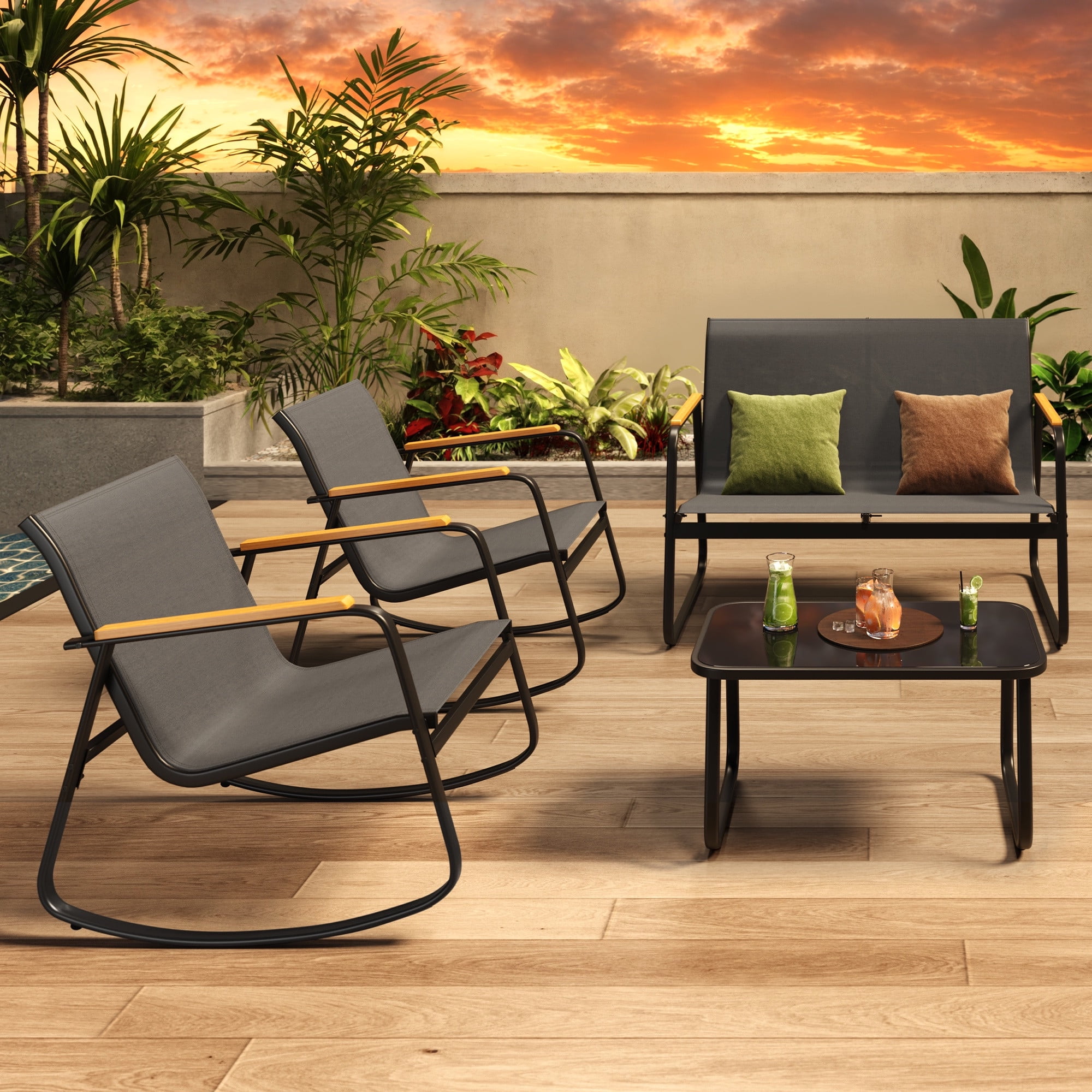 Lofka 4-Piece Patio Furniture Set with Rocking Chairs, Loveseat, and Glass Coffee Table (Black) 9pbiv