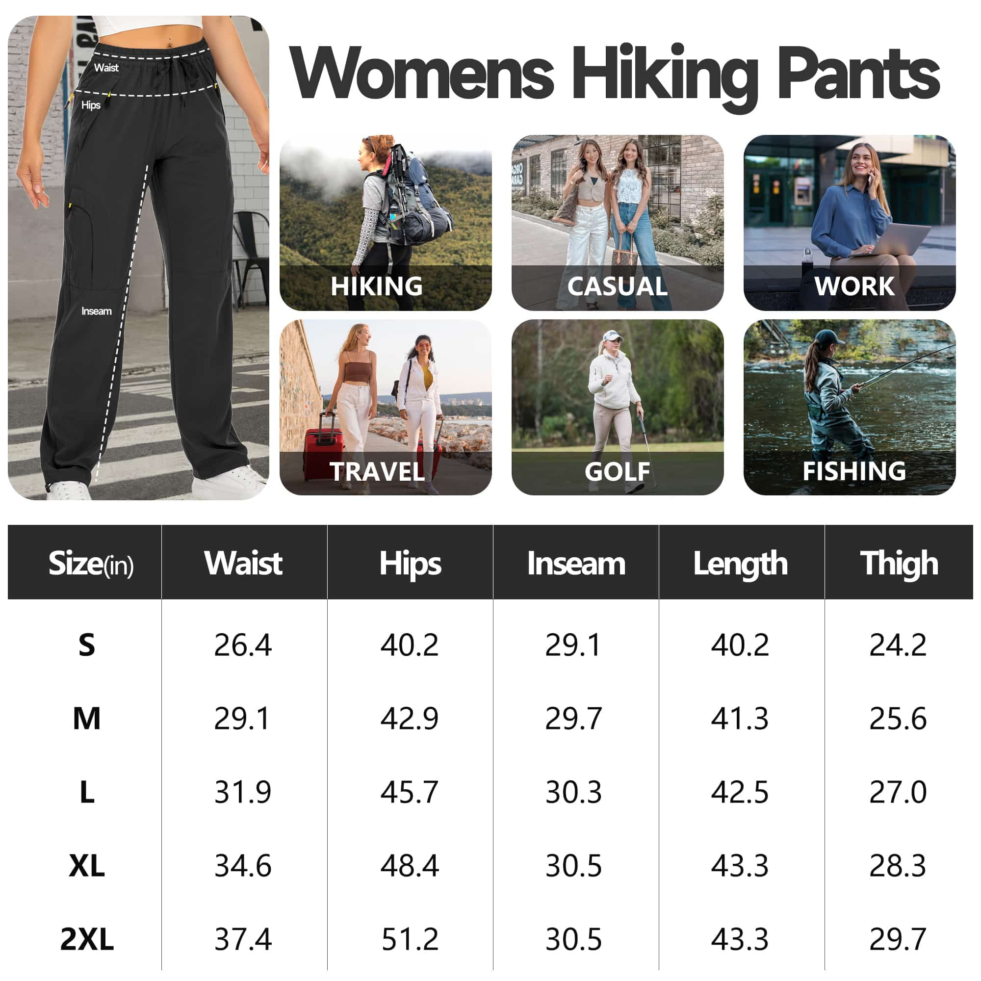FEN AI Women's Cargo Hiking Pants Quick Dry Lightweight Water-Resistant Outdoor Trousers with Deep Pockets (Black, L) 20p23