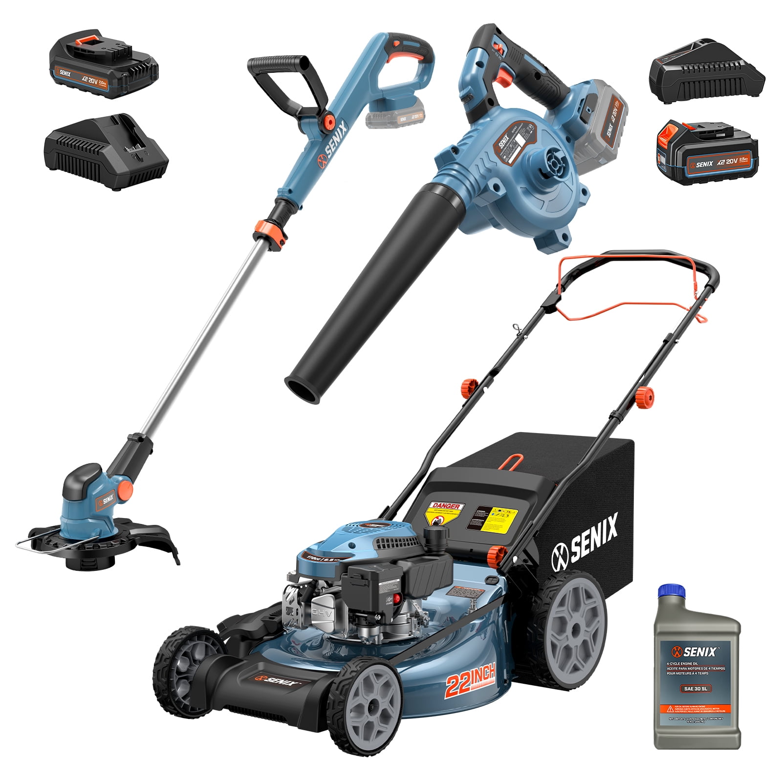 Senix 3-Tool Lawn Care Combo Kit (22 in Self-Propelled Gas Mower, Cordless Leaf Blower, String Trimmer, Blue) wgt7u