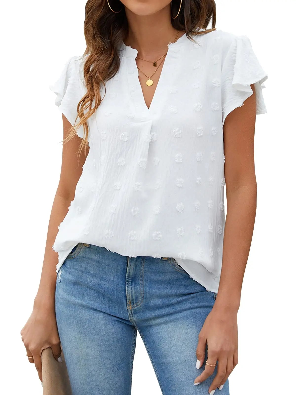 Fantaslook Women's Dressy V-Neck Ruffle Sleeve Blouse Casual Flowy Summer Top (White, L) 6oyn4
