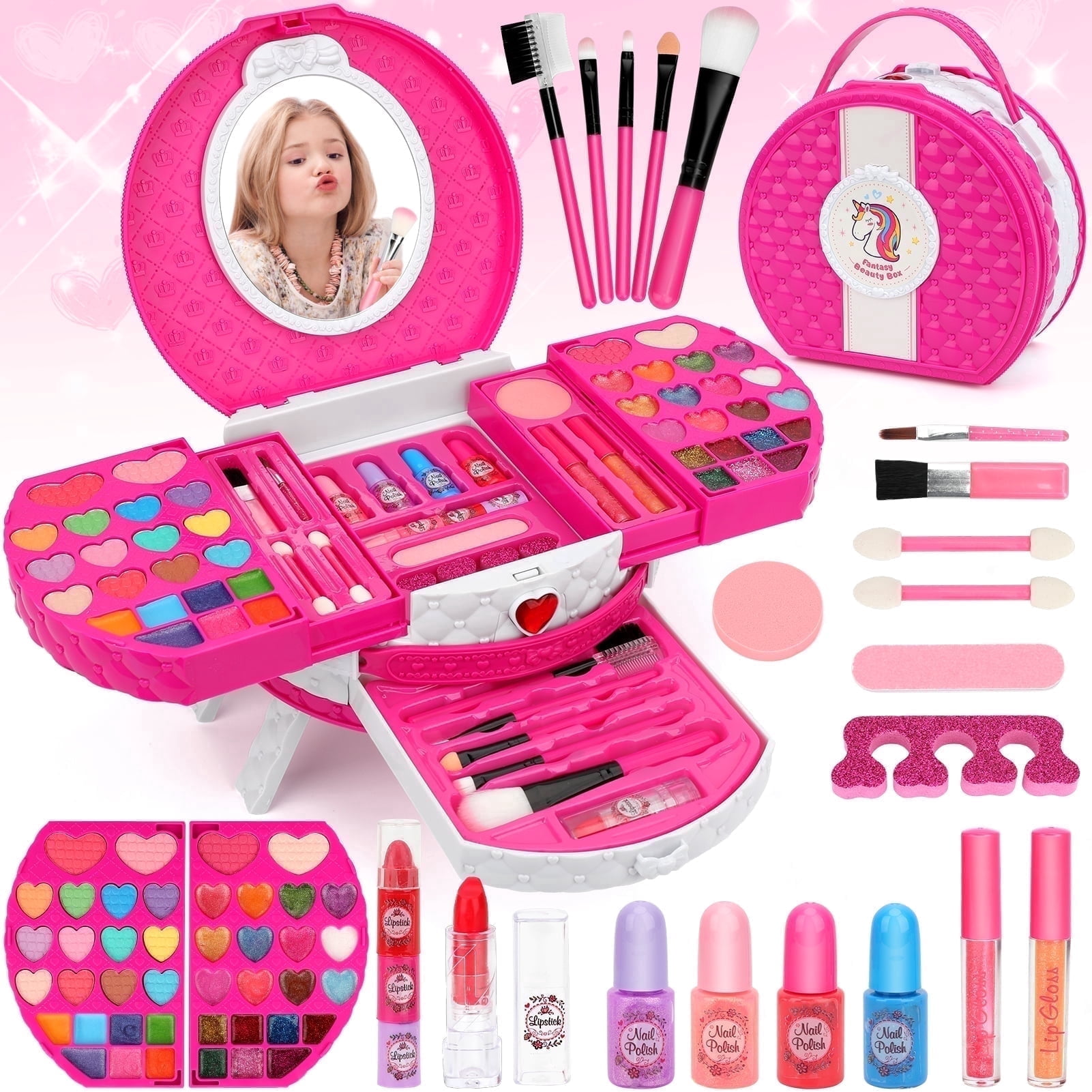 Sendida Kids Makeup Kit Washable Cosmetic Set for Girls (Rose Pink, 66 Piece Set) qav8x