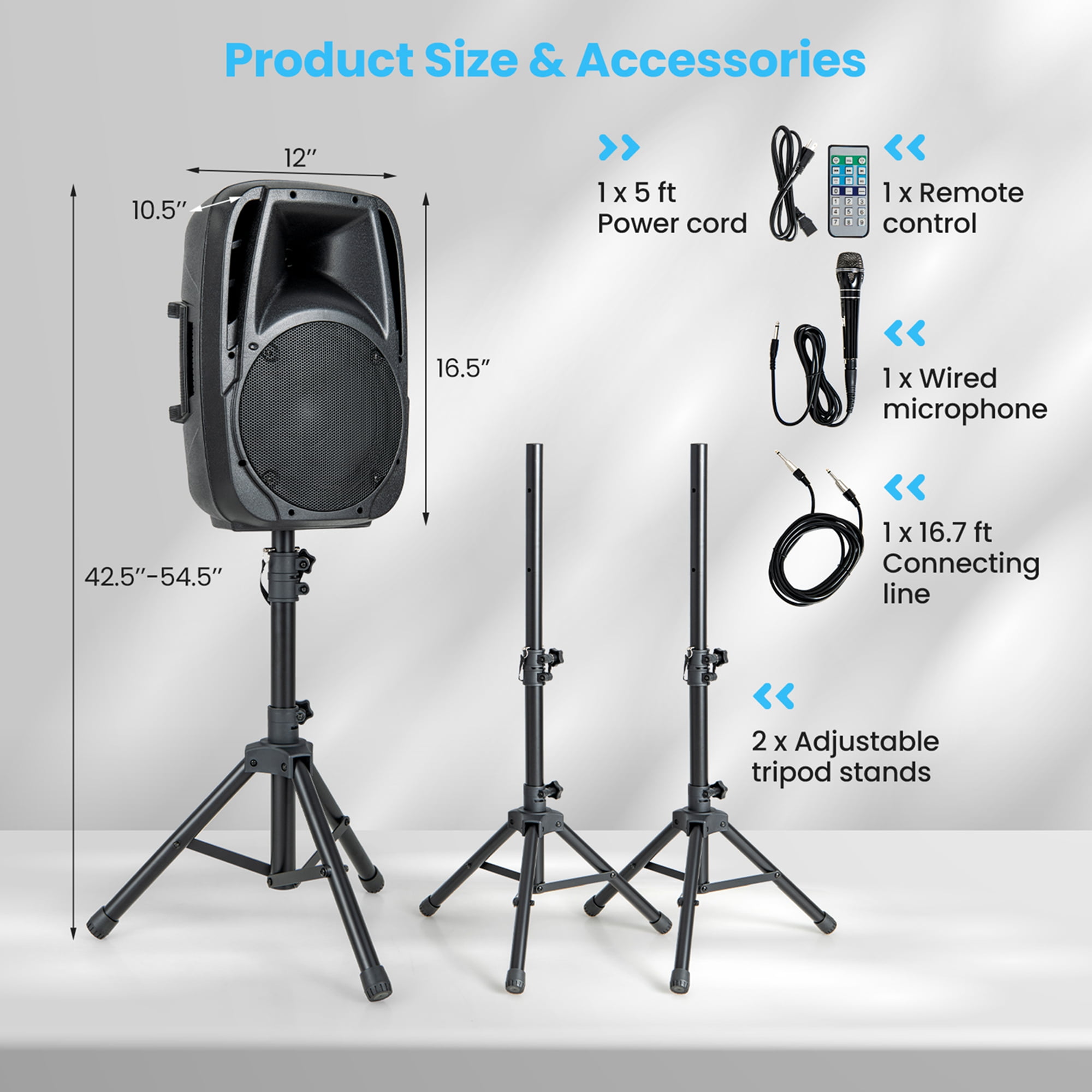 Costway Sonart Dual Portable Powered Loudspeaker System with Adjustable Tripod Stands (Black, 12 in x 10.5 in x 16.5 in) blunu