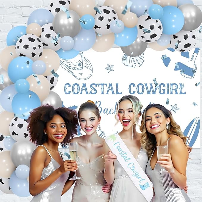 Coastal Cowgirl Bachelorette Party Decoration Set with Backdrop Sash and Balloon Garland Arch Kit (Blue, 65-Piece Set) wpplo