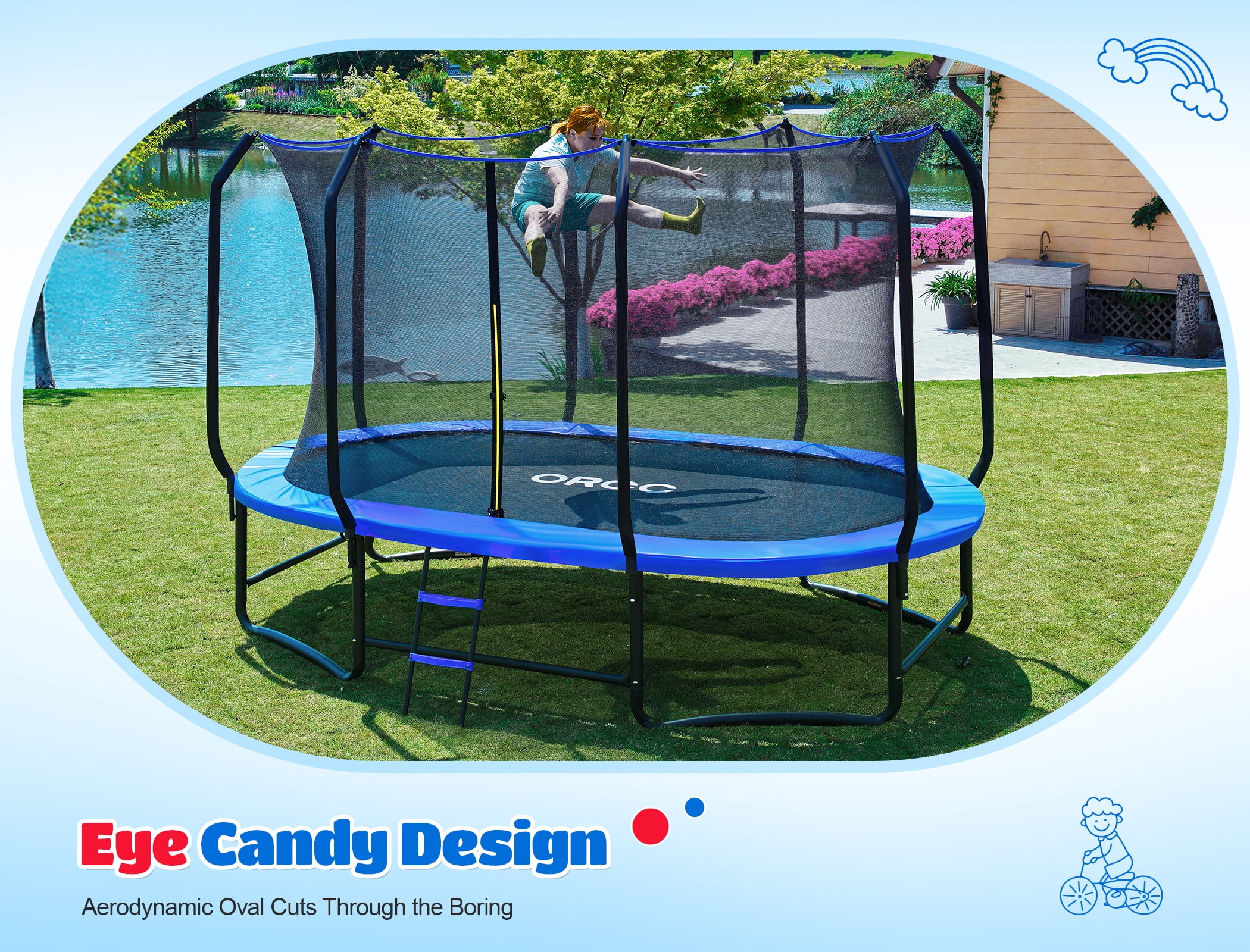 ORCC Heavy-Duty Oval Trampoline with Safety Enclosure, Reinforced Steel Frame for Kids and Adults (Blue, 8 ft x 13 ft) luta6