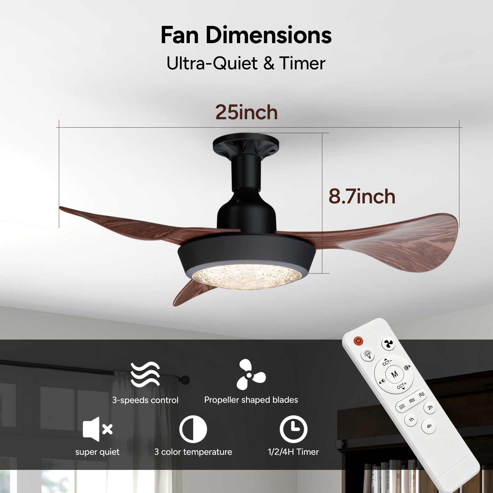 Faryuan 25 in Modern Ceiling Fan with Light and Remote, Walnut Finish Blades, 3-Color Temperature LED (25 in) tx255