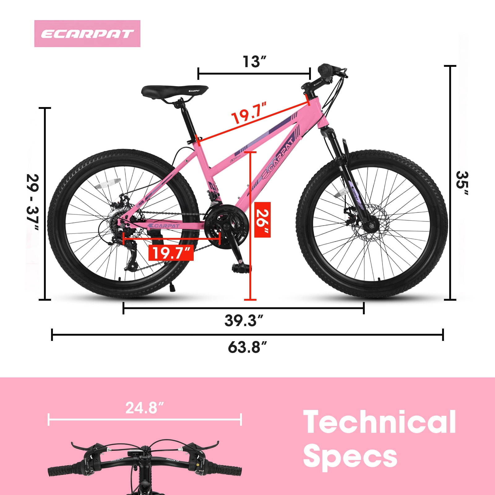 Ecarpat 26 Inch Mountain Bike, 21-Speed Trail Commuter Bicycle with Dual Disc Brakes (Pink, 26 in) 96k4h