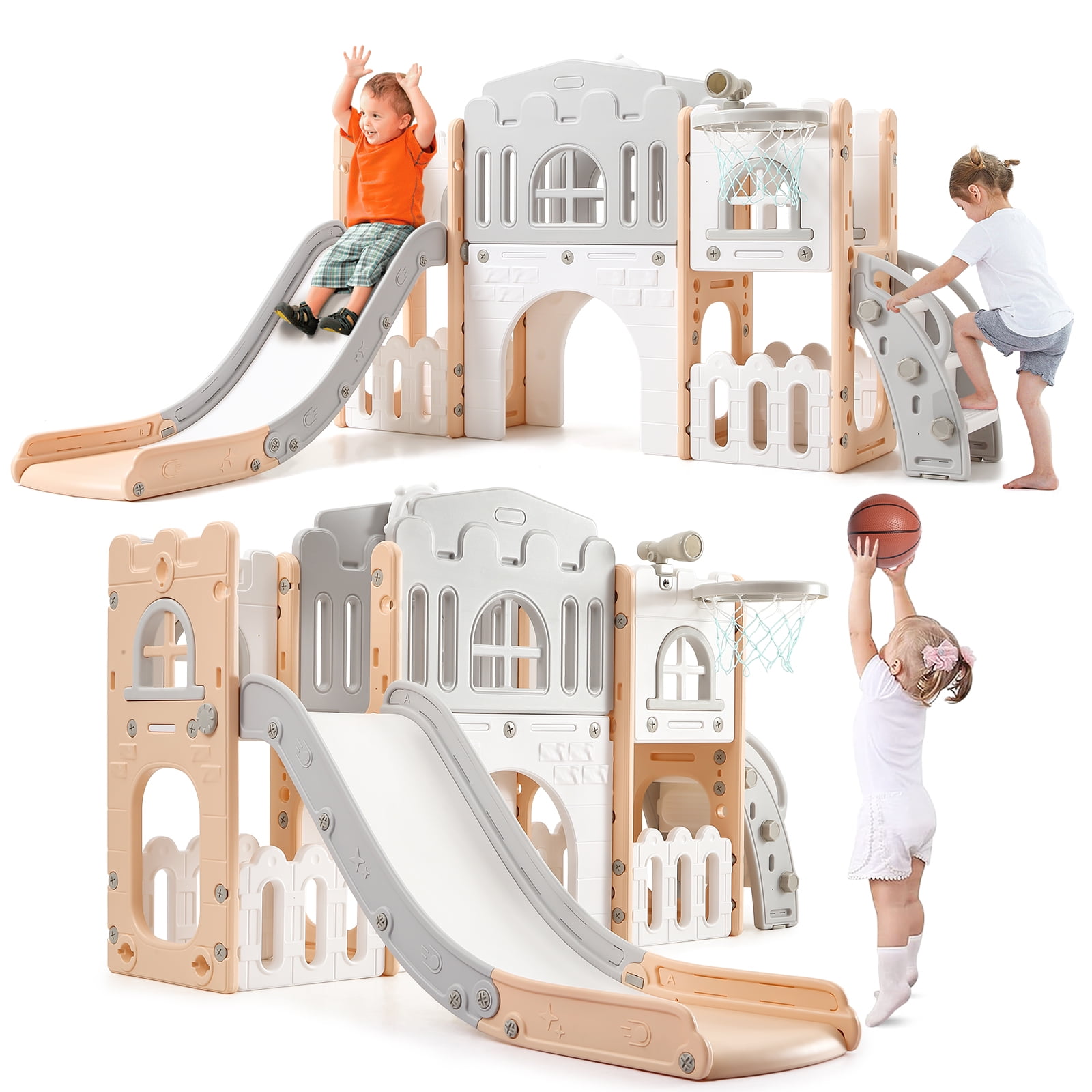 Strundghti 8-in-1 Toddler Indoor Playground Slide Set with Basketball Hoop and Crawling Tunnel (Grey) hl5e7