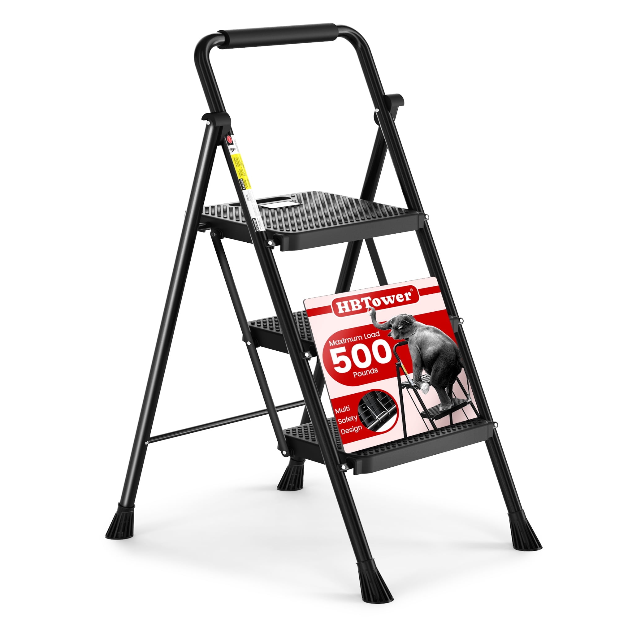 HBTower 3-Step Folding Ladder, Heavy-Duty Steel Step Stool with Anti-Slip Pedals and Handgrip (Black, 500 lb Capacity) 21v5g