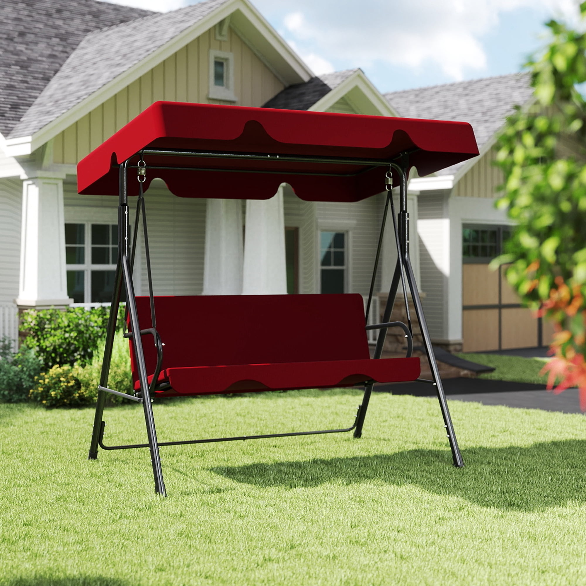Skandiquip 3-Seater Outdoor Porch Swing with Adjustable Canopy, Heavy-Duty Steel Patio Glider (Red, 500 lb Capacity) gwyjv