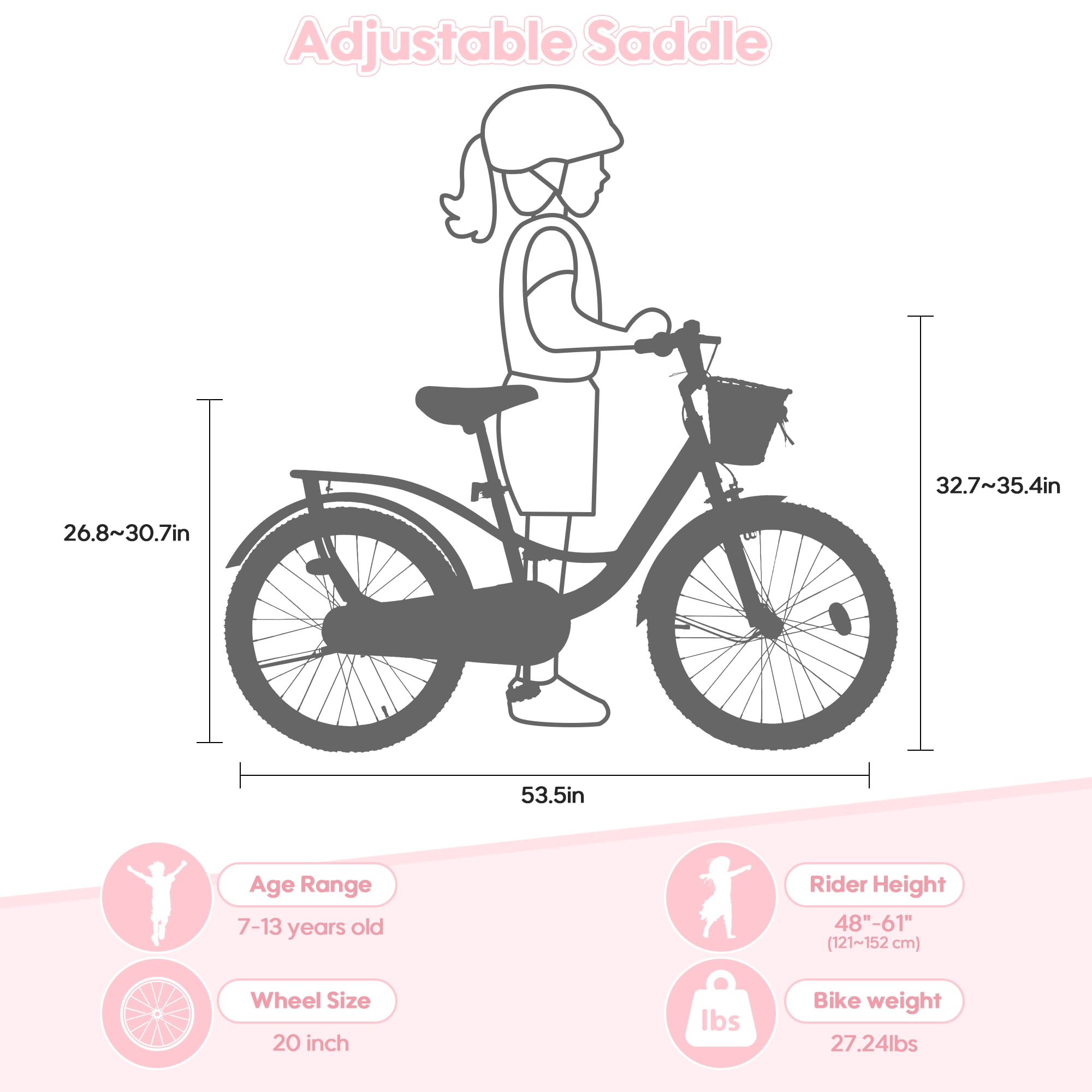 Bstjewey 20 Inch Kids Bike for Girls, Durable Carbon Steel Frame with Basket and Adjustable Seat (Pink, 20 in) ady9s