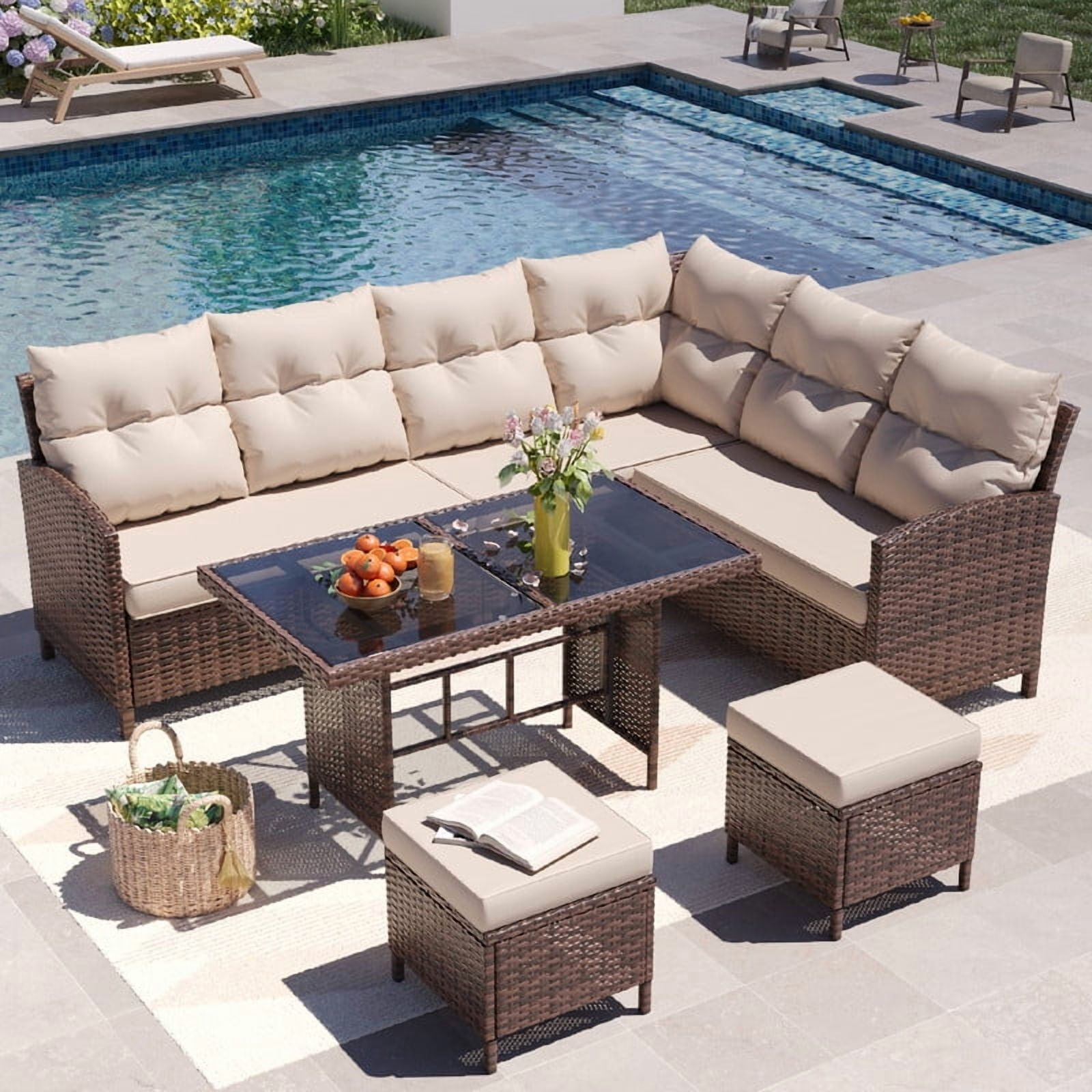 Amopatio 7-Piece Outdoor Patio Furniture Set, All-Weather Rattan Sectional Sofa with Dining Table and Ottomans (Khaki, 7-Piece Set) e1s41