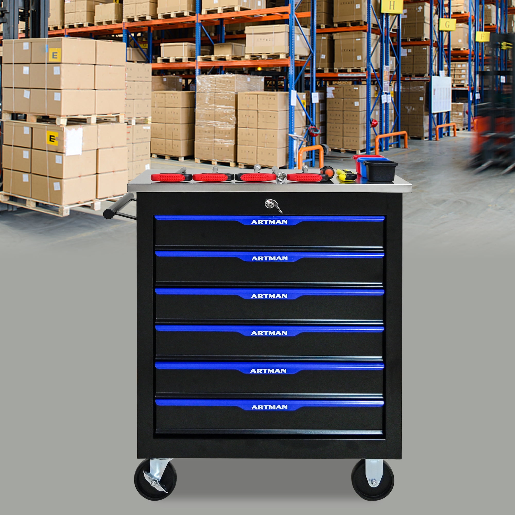 ARTMAN 6-Drawer Rolling Tool Storage Chest with Lockable Wheels (Blue, 1 Unit) rnldk