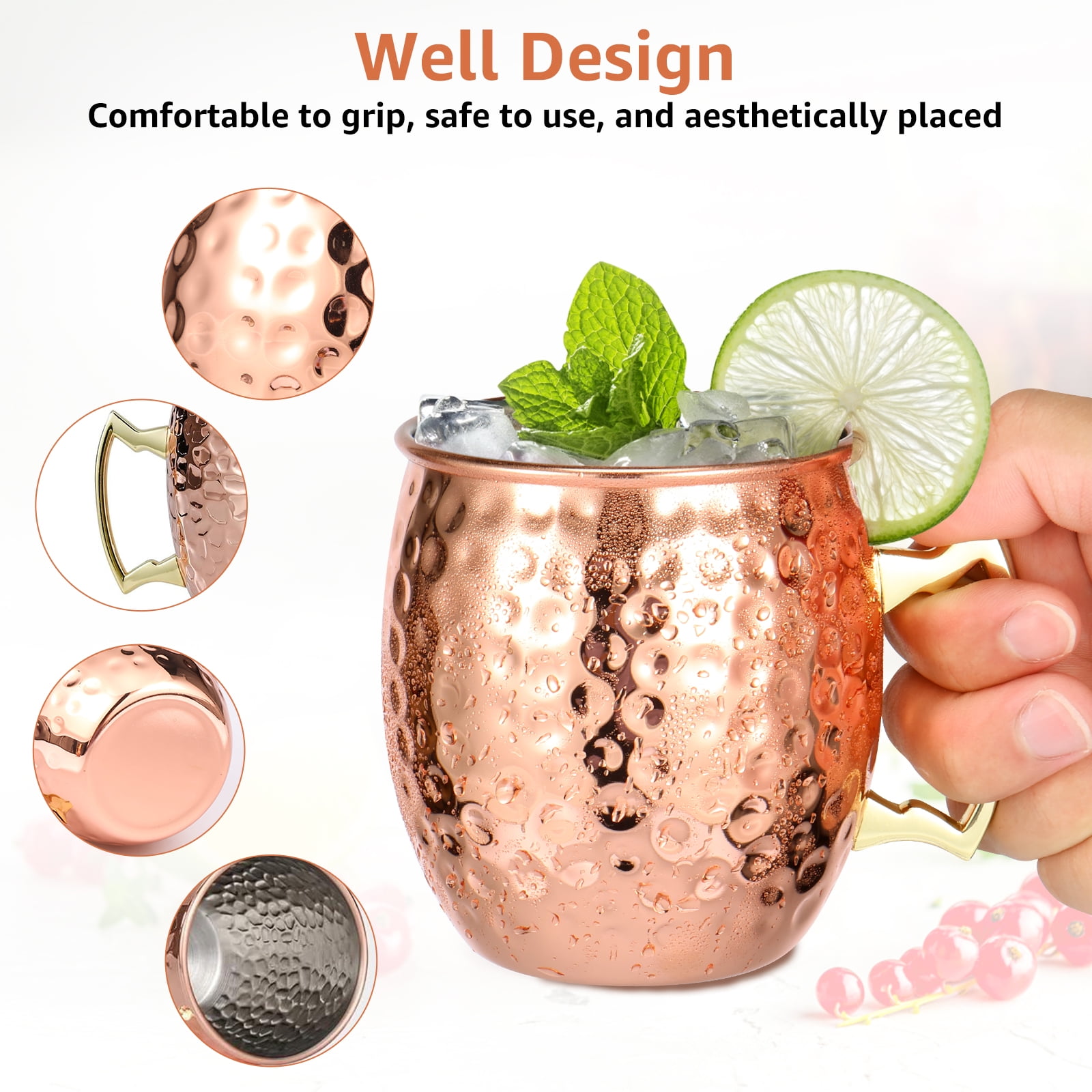 Jetcloudlive Moscow Mule Mugs Hammered Copper Finish with Stainless Steel Lining (Gold, 2 Pack, 16 fl oz) qzb05