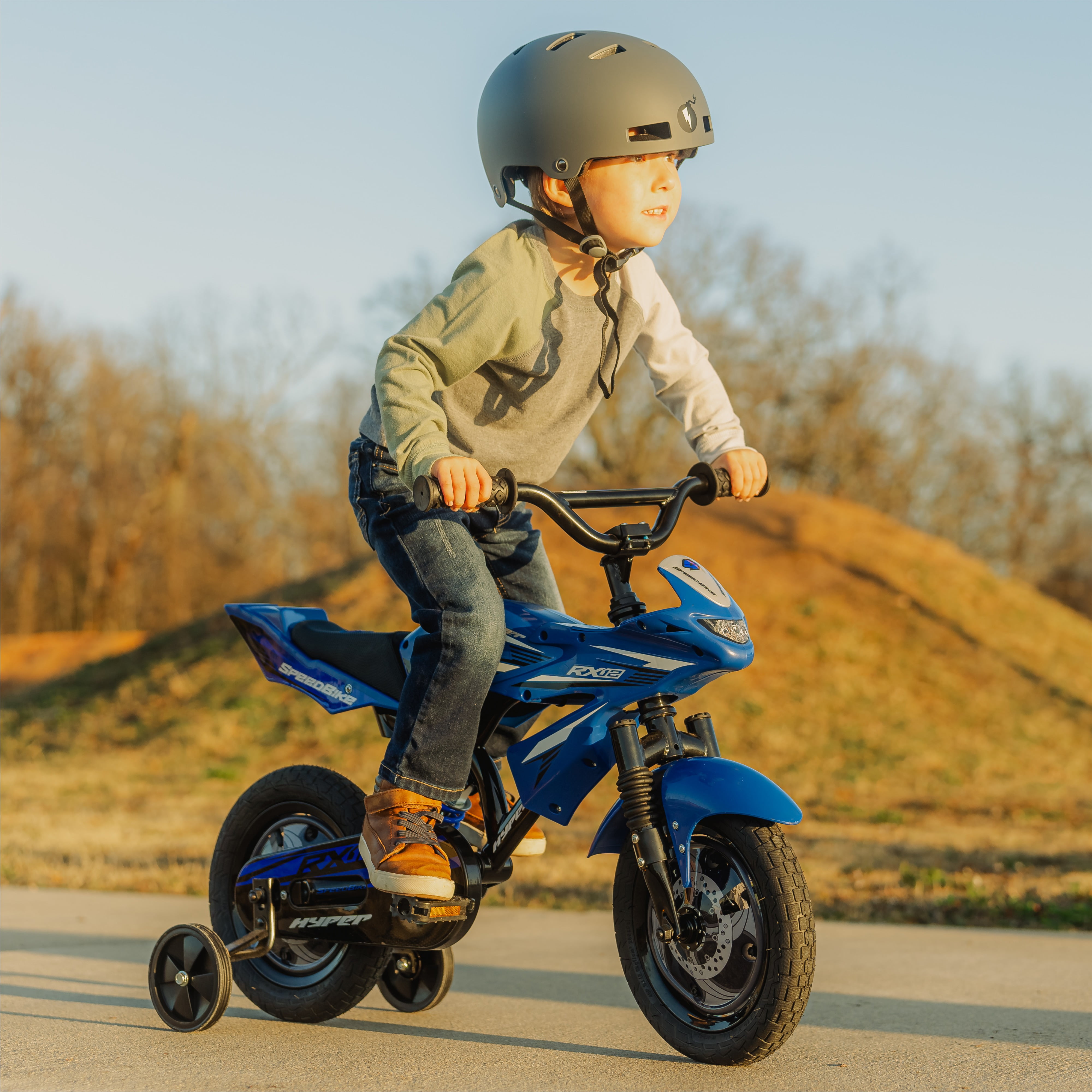 Hyper Bicycles 12 in Speed Bike for Kids, Durable Frame with Training Wheels (Blue, 12 in) tj38x
