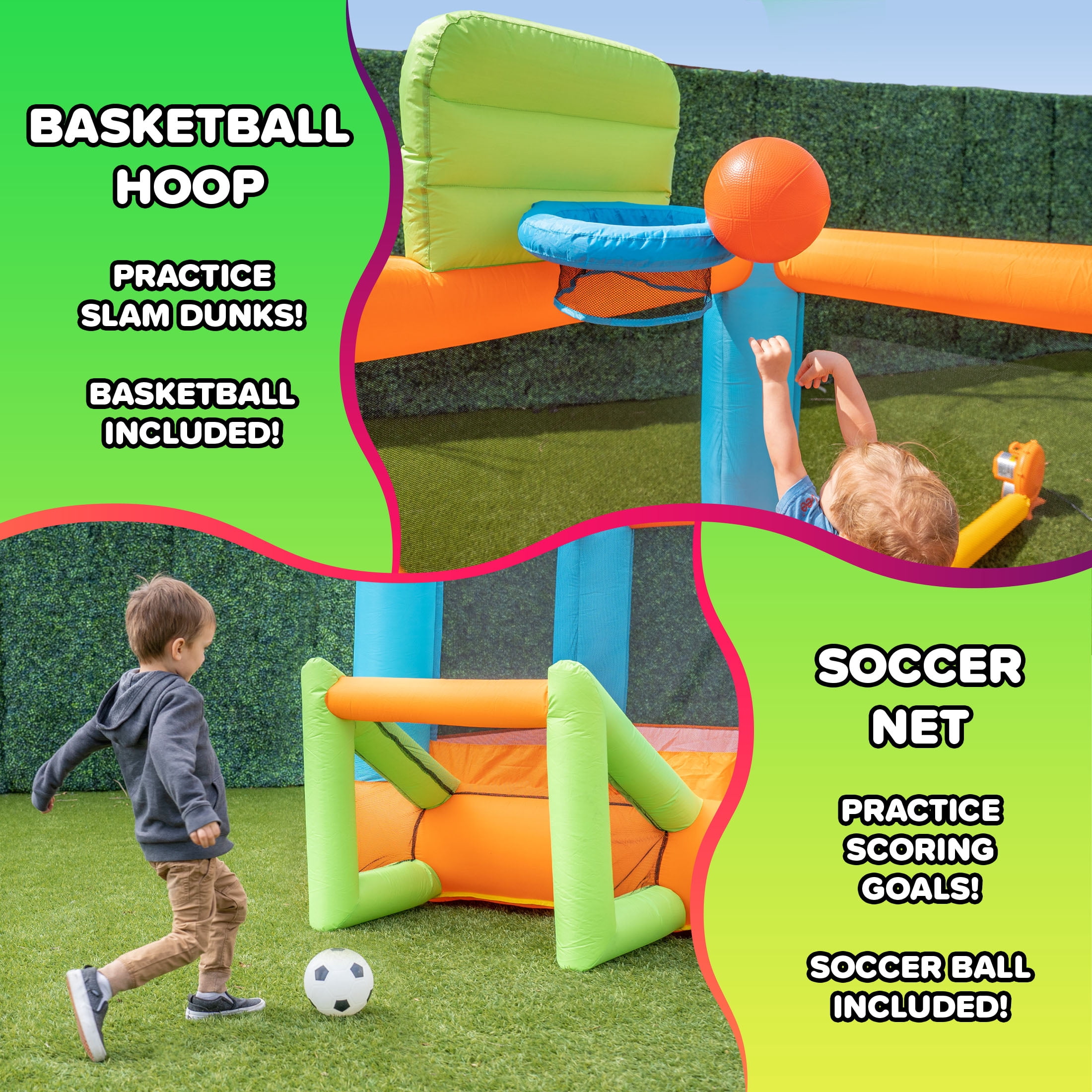 Sportspower My 1st 4-in-1 Inflatable Bounce House with Blower, Soccer Goal & Basketball Hoop (Multi-Color, 1 Unit) 1cwn7