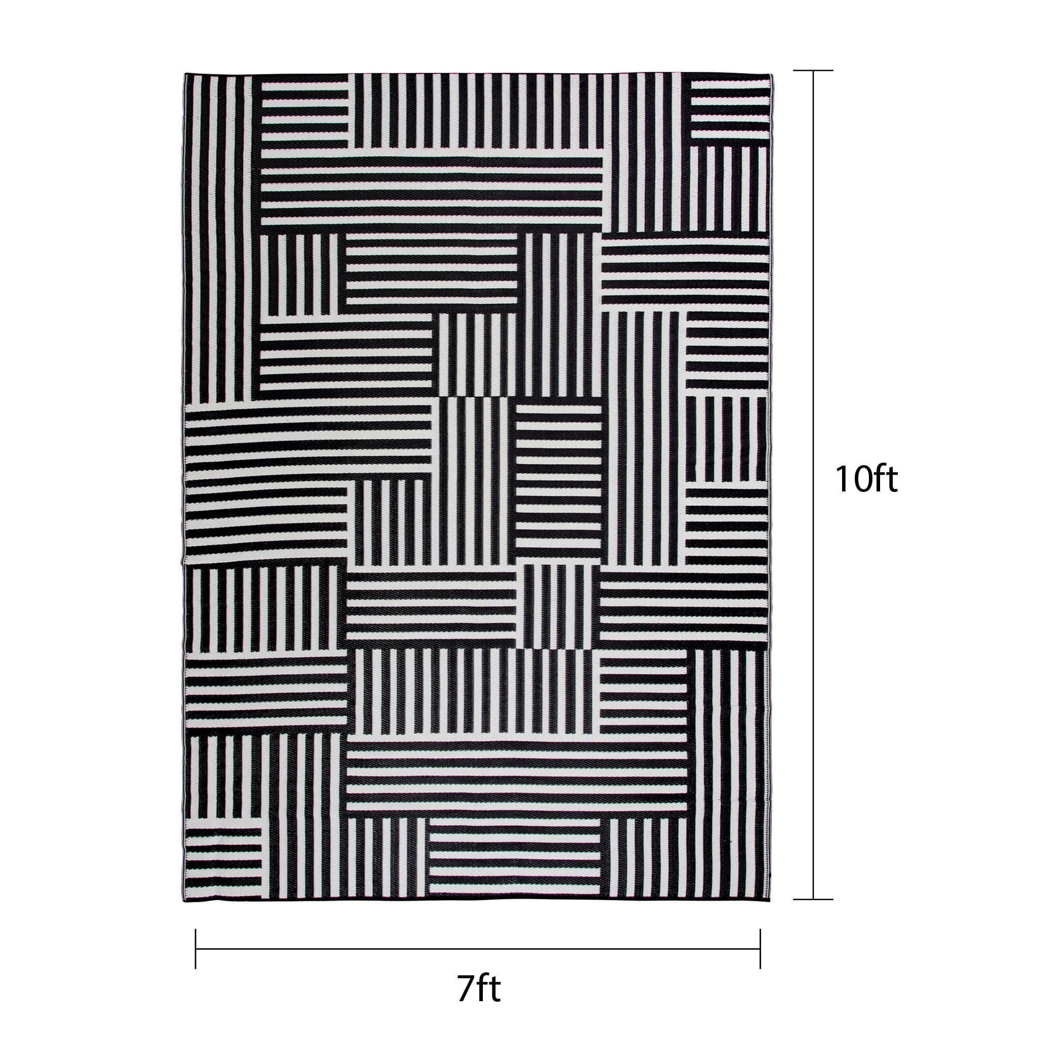 Mainstays Block Stripe Outdoor Rug Fade Resistant Easy Care (Black and White, 7 ft x 10 ft) qo30b