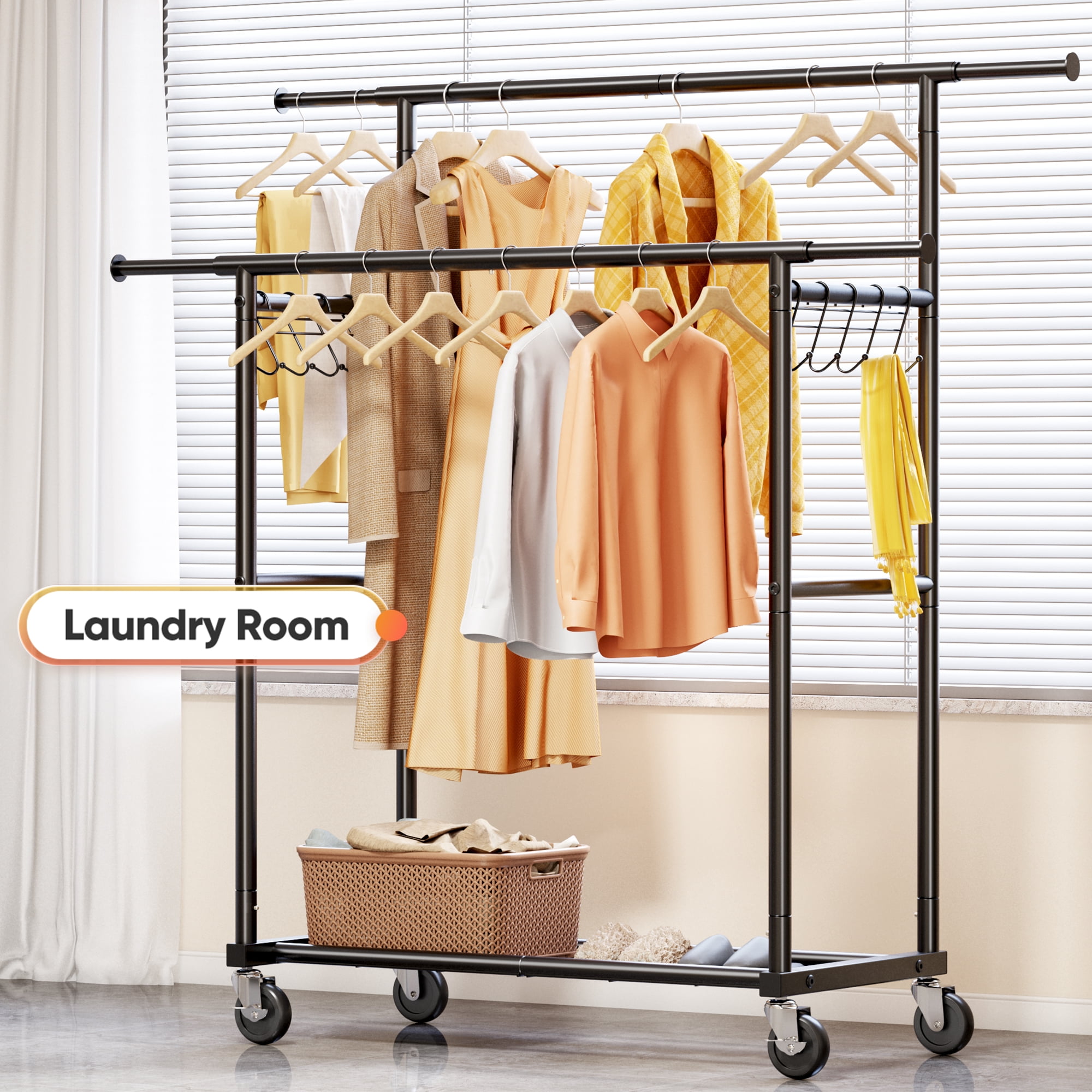 HOKEEPER Heavy Duty Double Rail Garment Rack with Shelves, Adjustable Rolling Clothes Organizer (Black, 450 lb Capacity) 00sgg