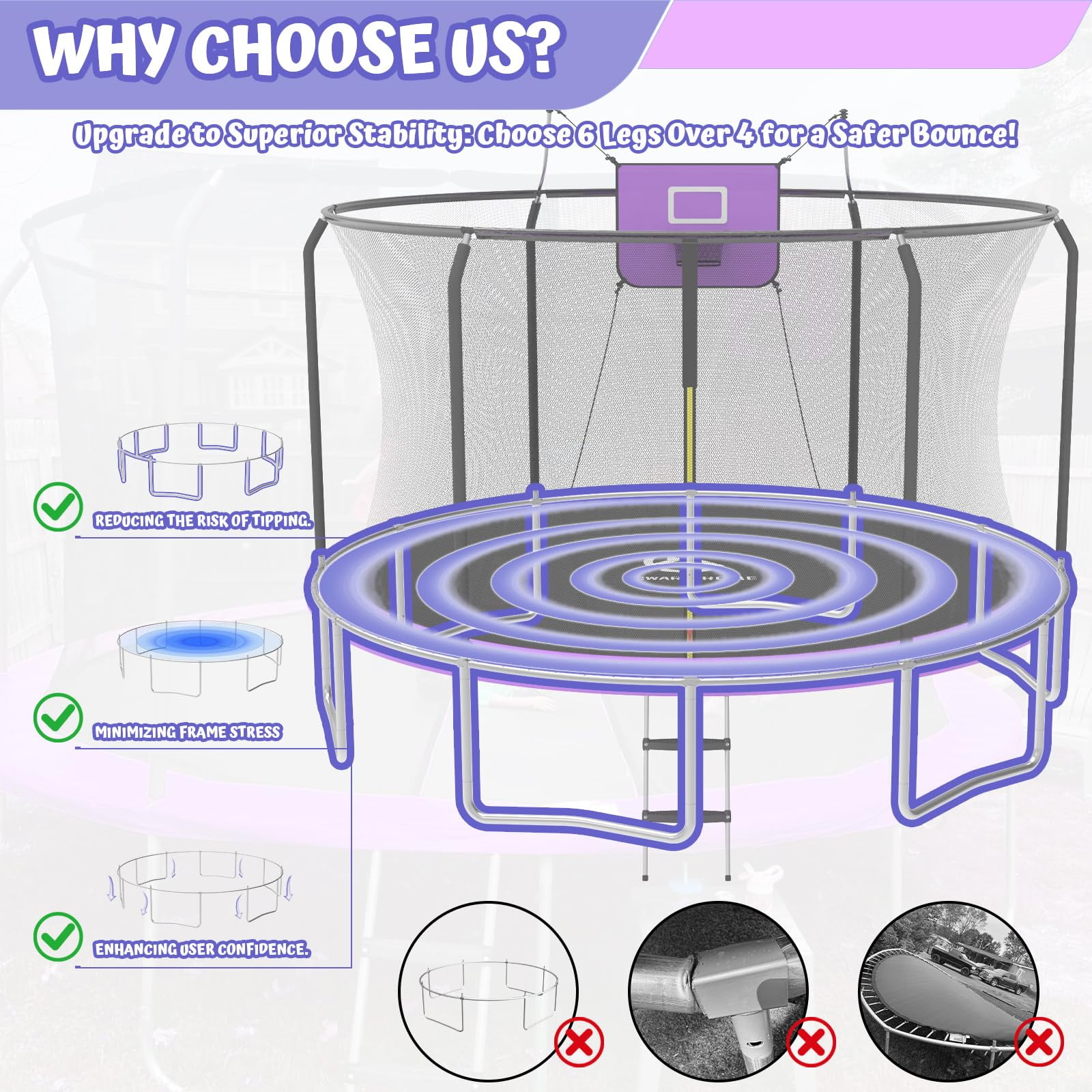 ACWARM HOME 15 ft Recreational Trampoline with Basketball Hoop and LED Lights (Purple, 15 ft) iehxv