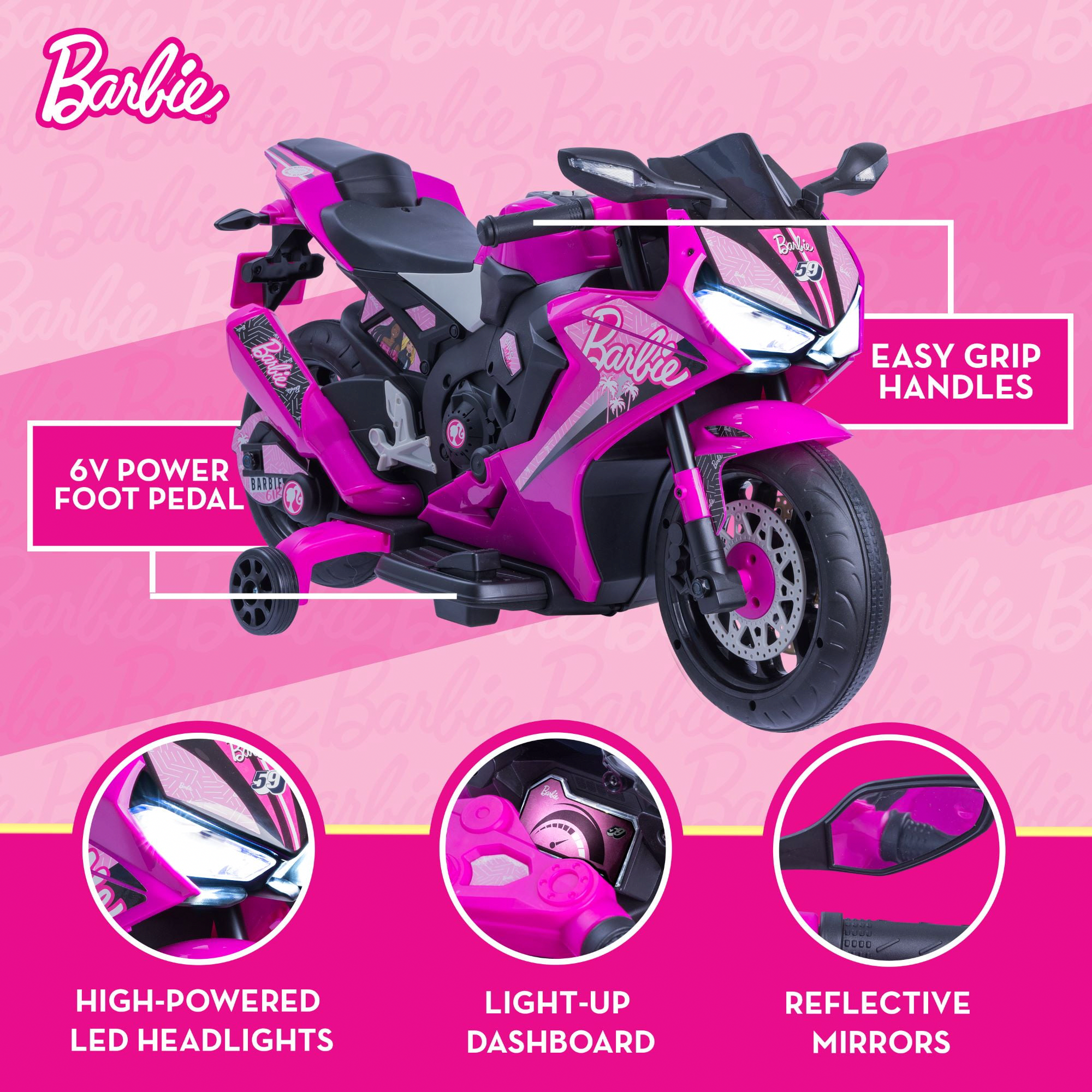 Barbie 6V Electric Motorcycle Ride-On Toy with Training Wheels (Pink, 65 lb Capacity) qed66