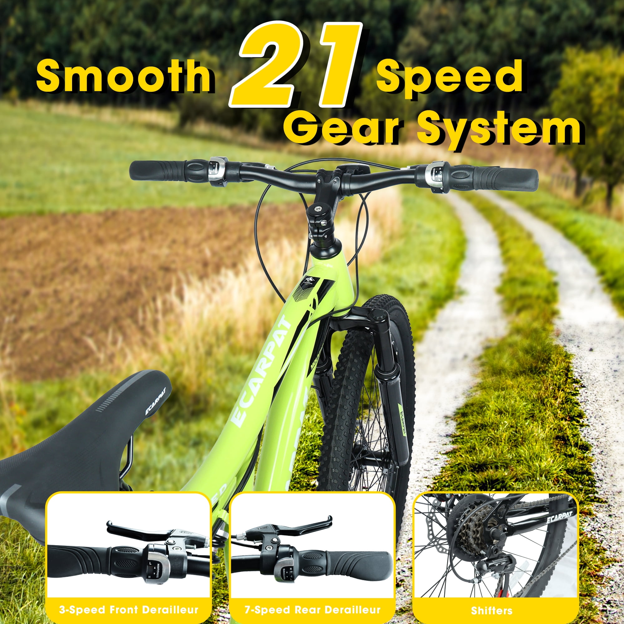 Ecarpat 26 Inch Mountain Bike, Full Suspension Steel Frame, 21-Speed Drivetrain, Dual Disc Brakes (Green, 26 in) n86xu
