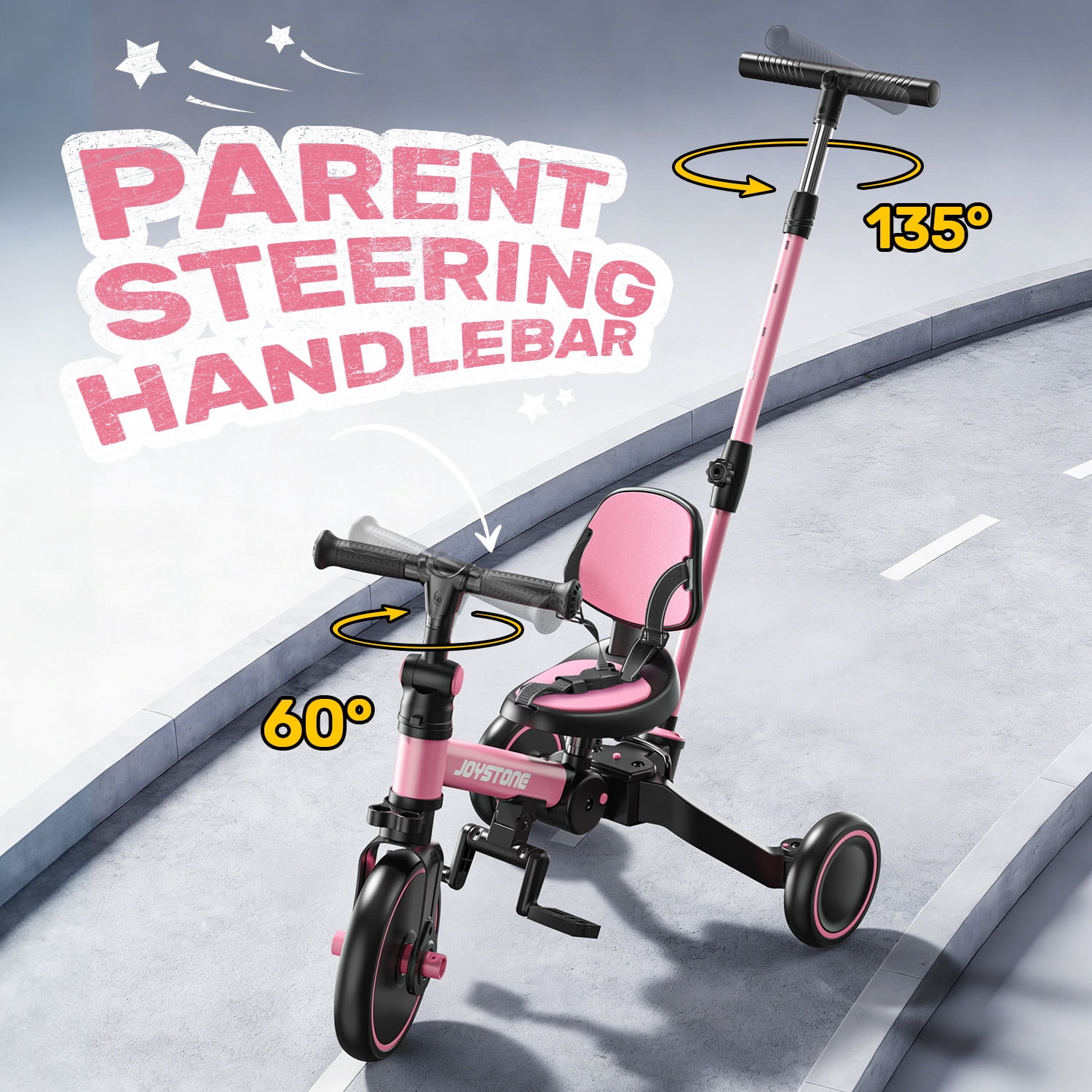 JoyStone 7-in-1 Foldable Toddler Tricycle and Balance Bike with Parental Control Handle and Adjustable Canopy (Pink) p8g8q