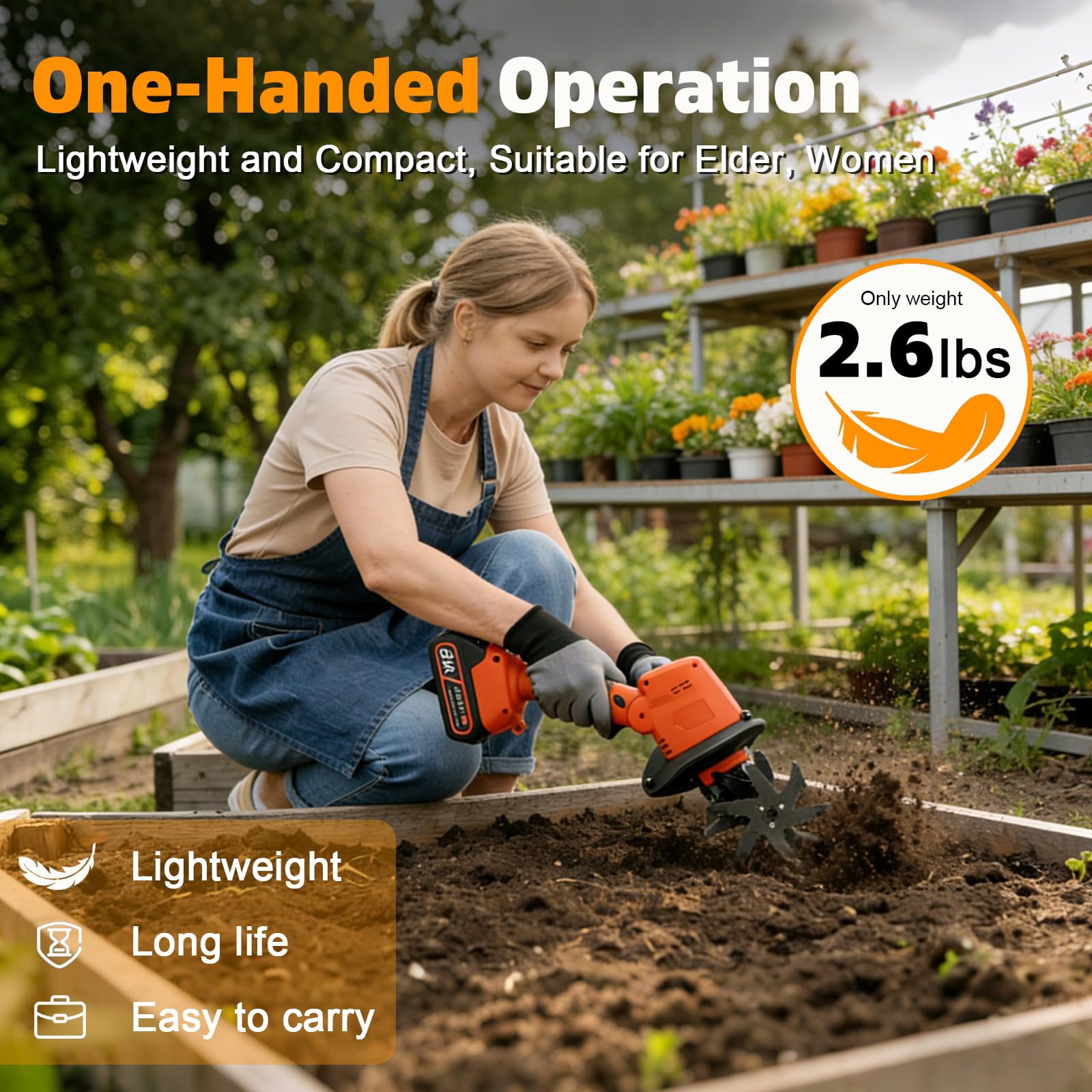 Beiou 24V Cordless Electric Tiller Cultivator, Portable Garden Rototiller with Extension Rod (4 in Tilling Width) nzinm