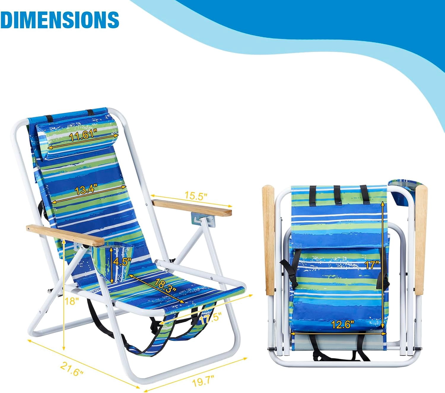 LiteHaven Folding Beach Chair with Adjustable Headrest and 4-Position Tilt (Blue, 24 in x 22 in x 32 in) ohw1p