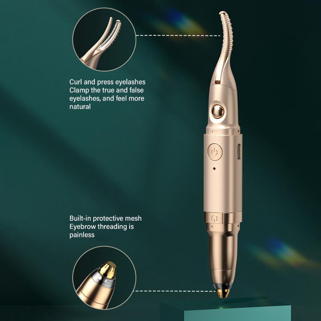 Necvior 2-in-1 Electric Eyebrow Trimmer and Heated Eyelash Curler, Precision Facial Hair Remover (Gold) l3n2t